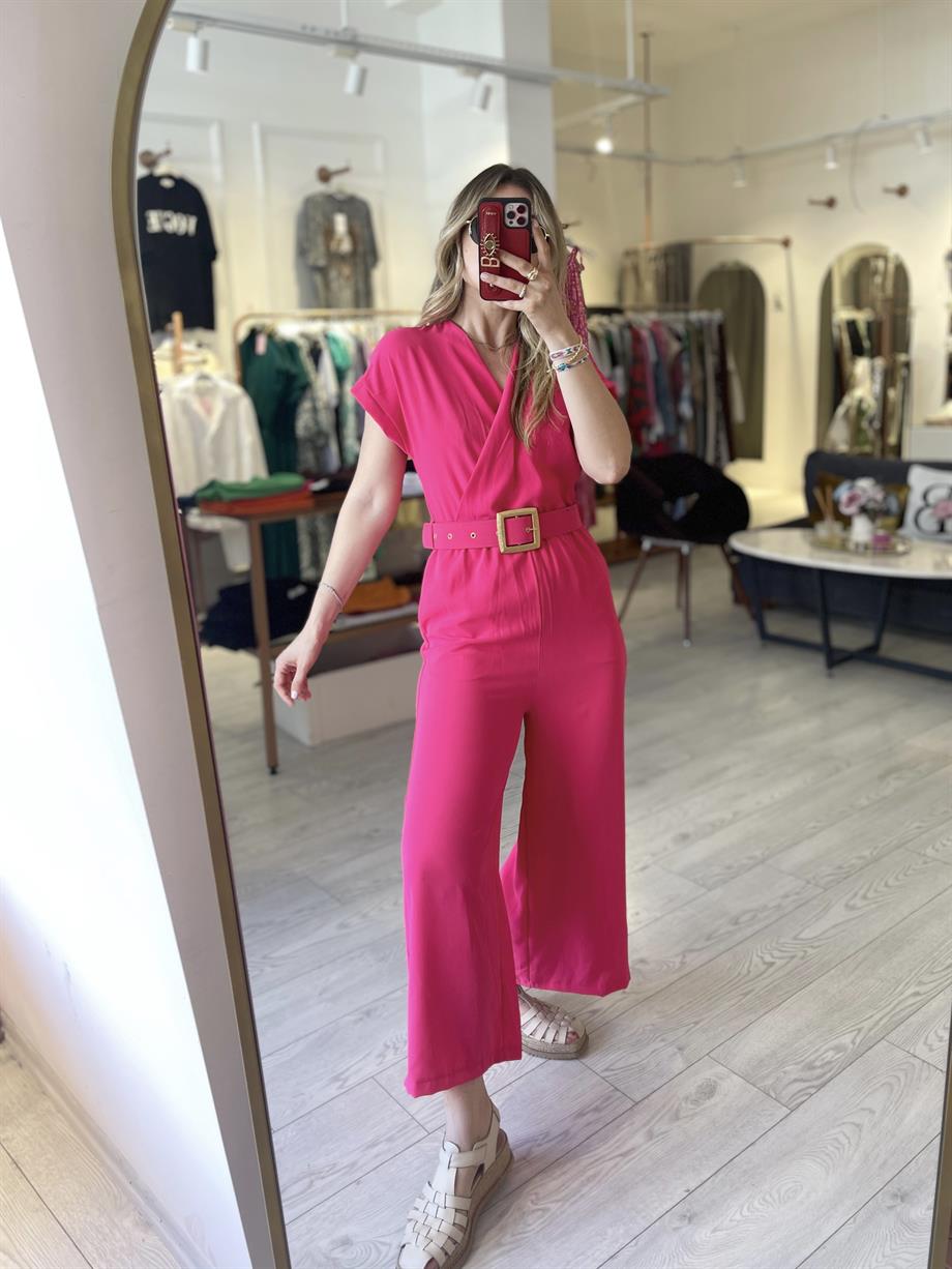 Pembe Kemerli Kruvaze Yaka Tulum