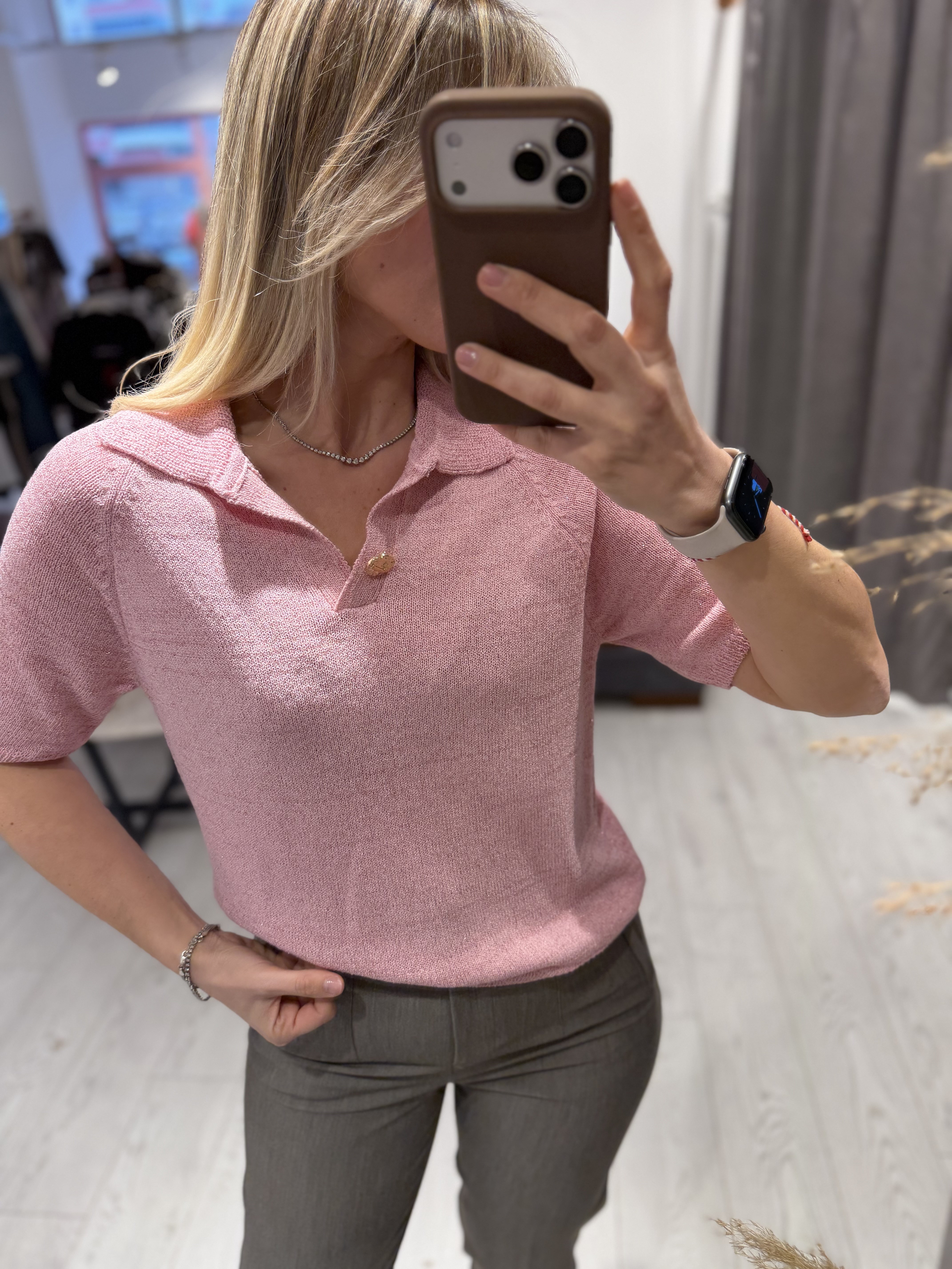 Pembe Tayna Simli Gömlek Yaka Bluz