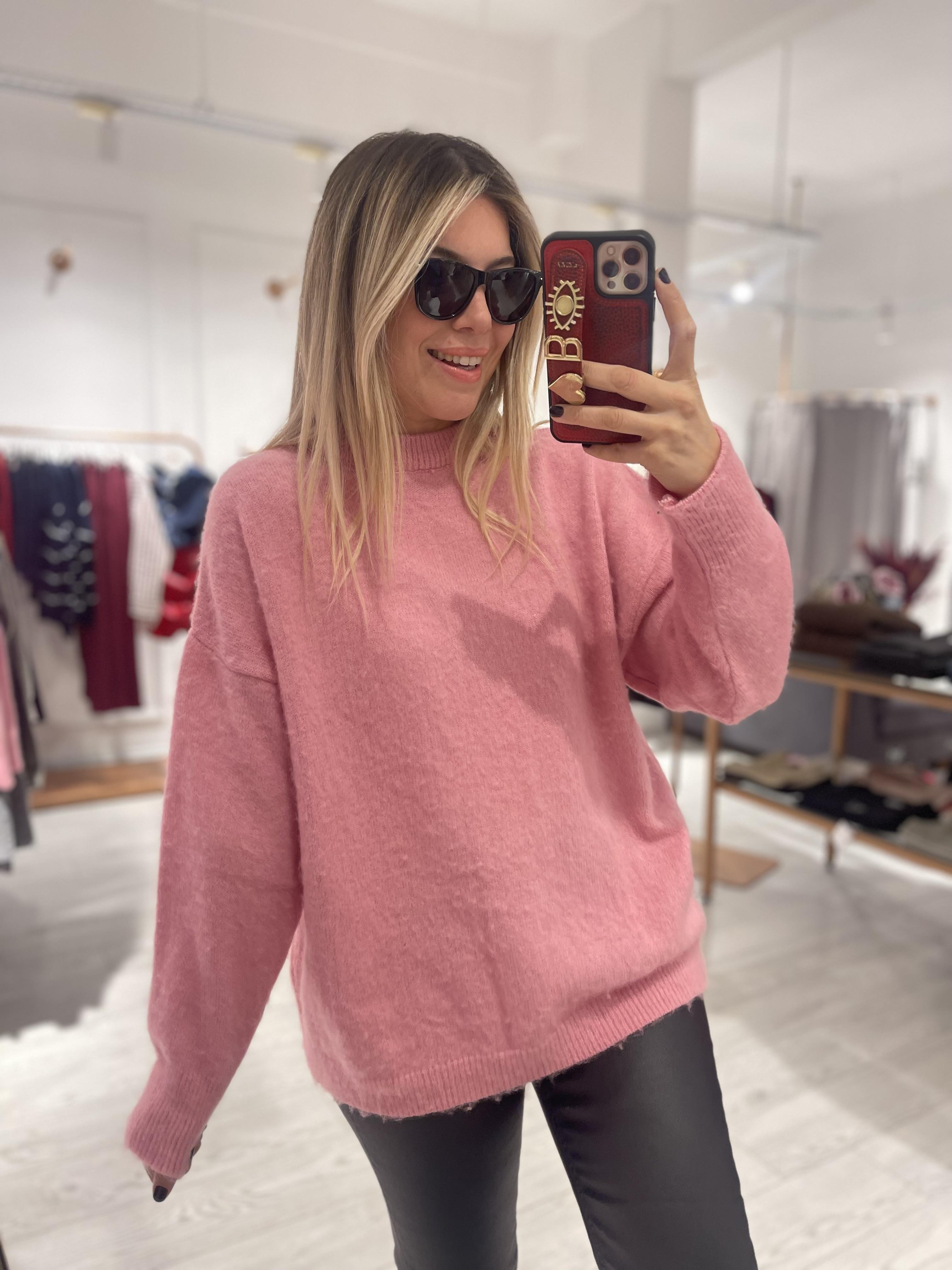 Pembe Yün Efektli Bisiklet Yaka Kazak