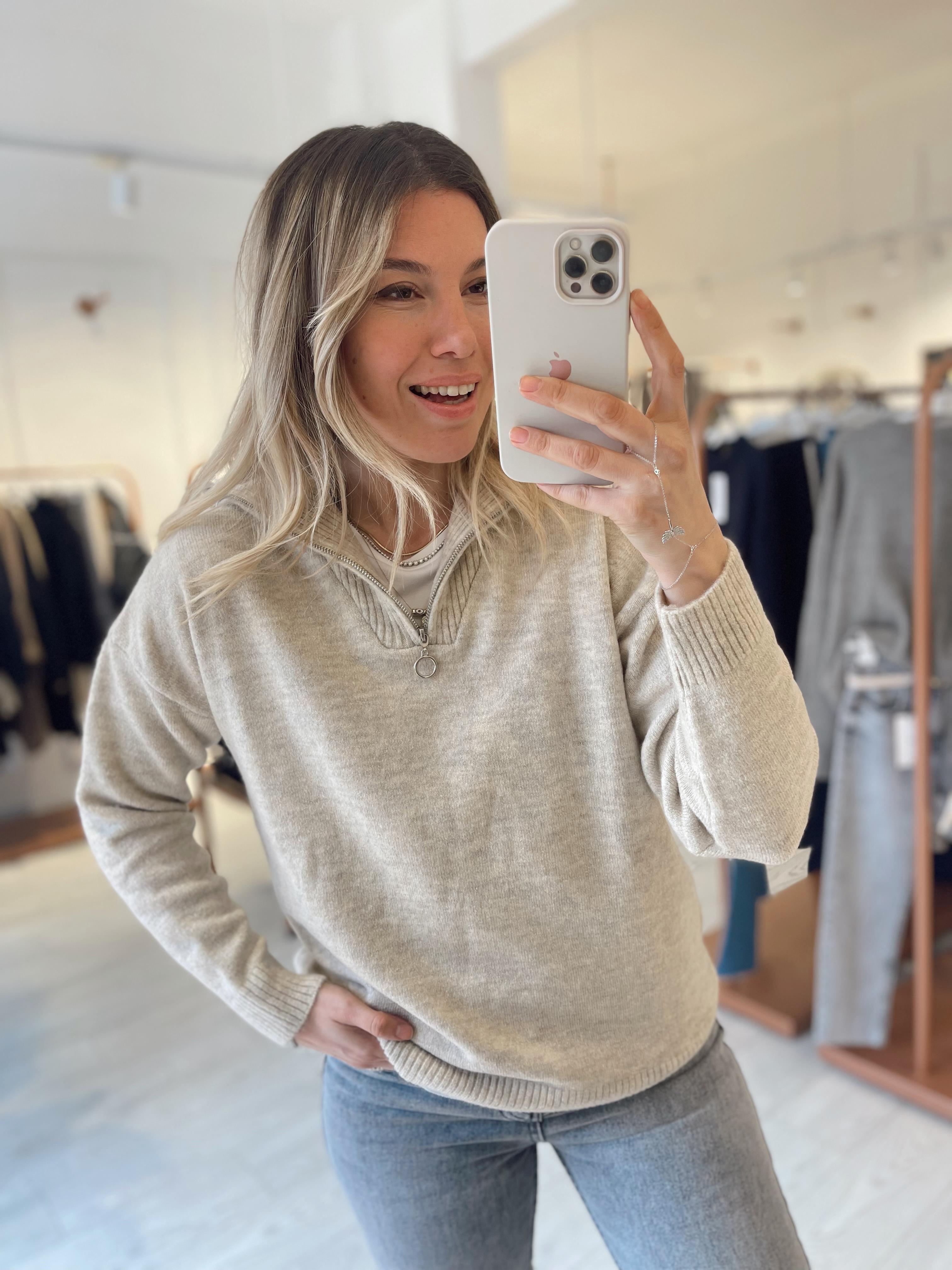 Premium fermuar Detaylı Bej Kazak