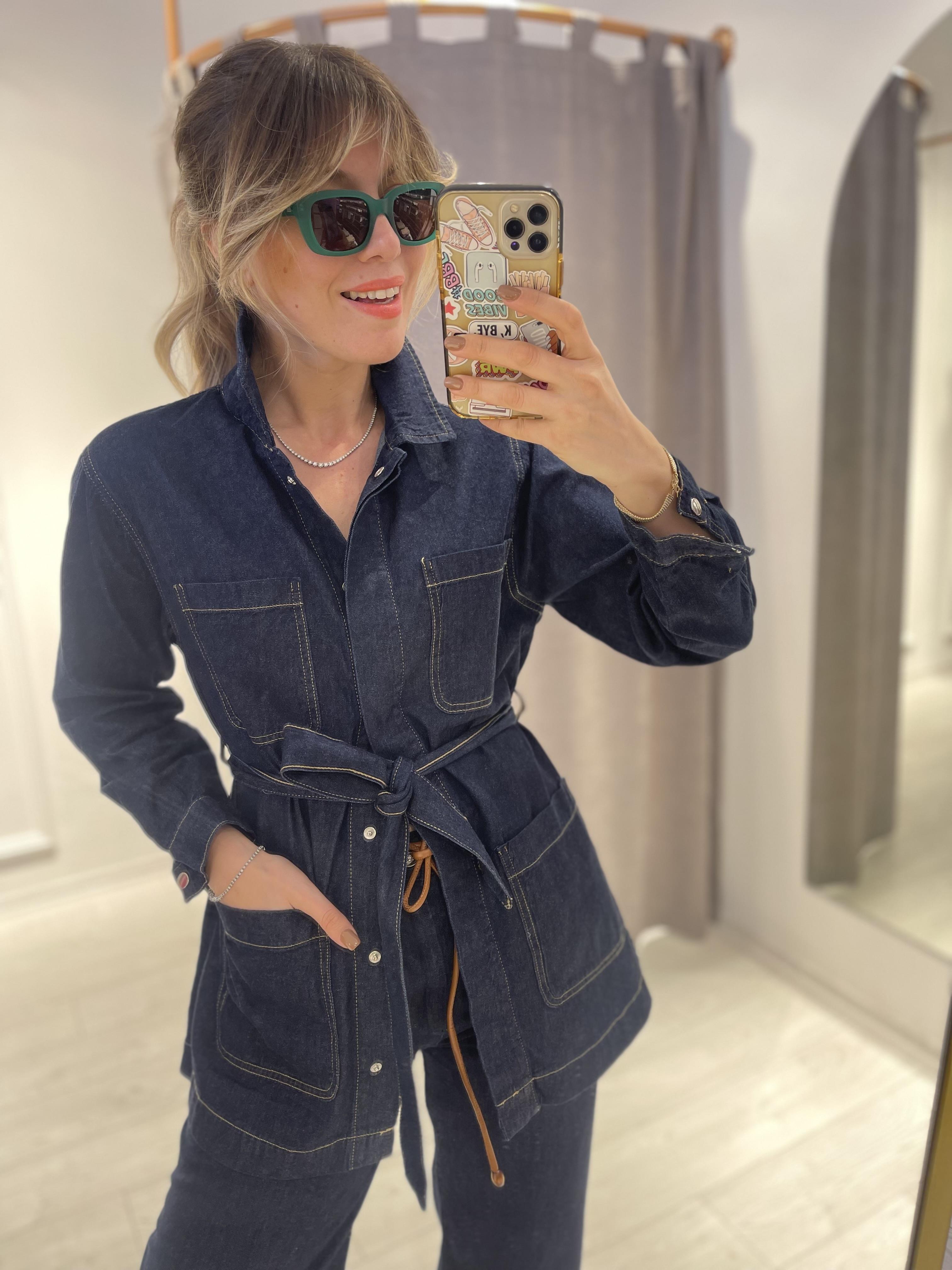 Premium İnce Denim Kuşaklı Cepli Ceket