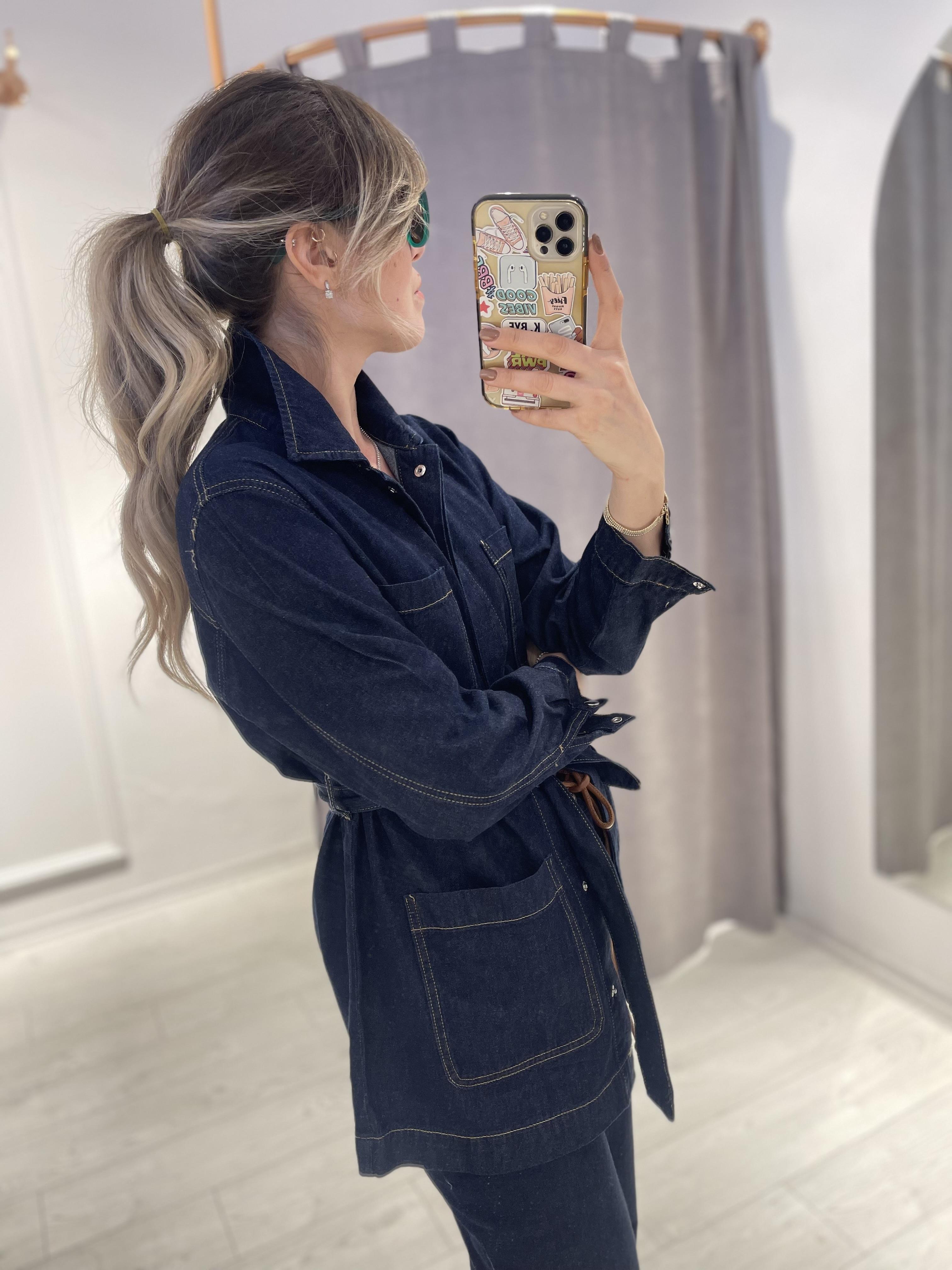 Premium İnce Denim Kuşaklı Cepli Ceket · 2