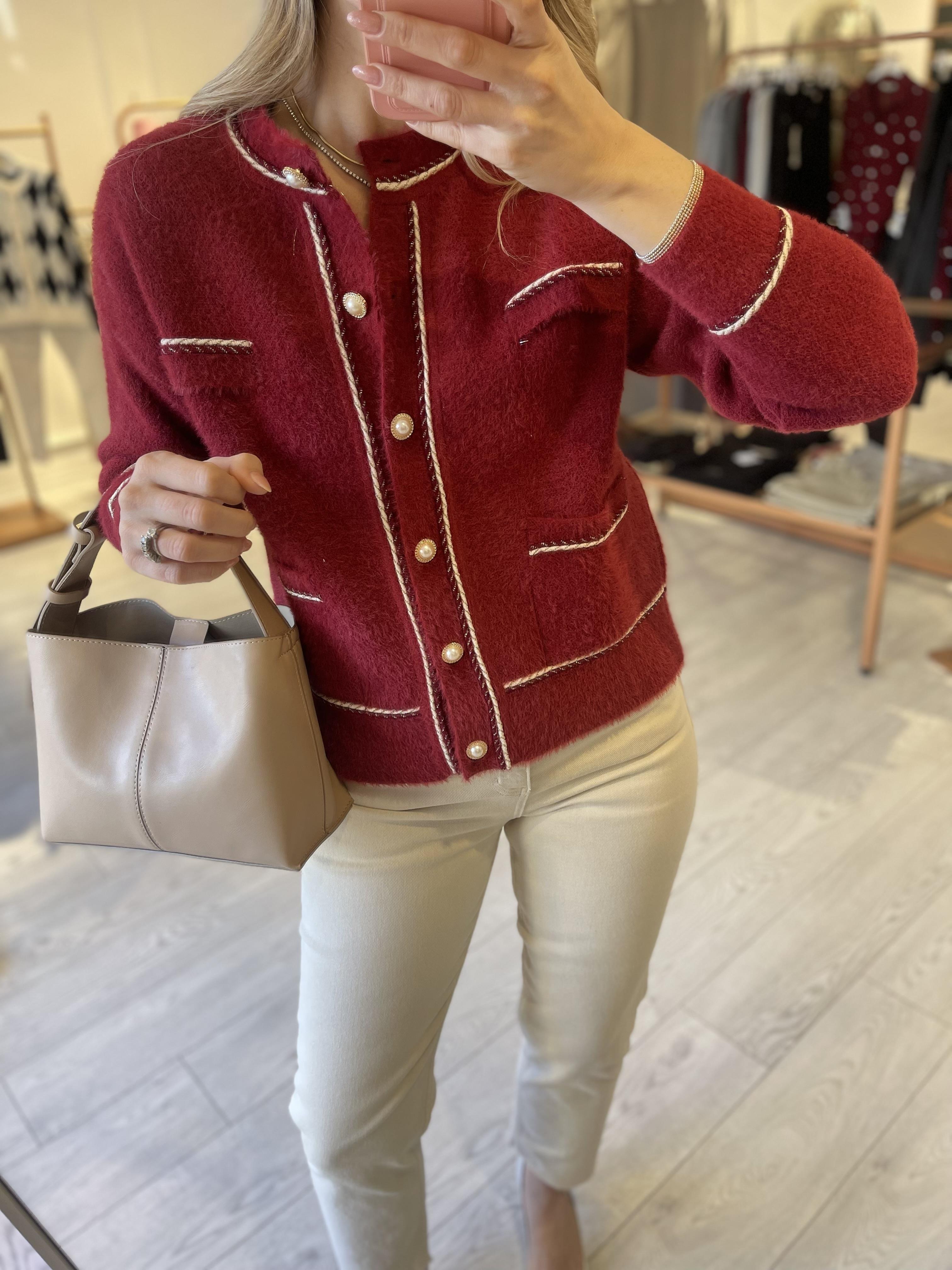 Premium Kırmızı Gold Dikiş Detaylı Angora Hırka · 3