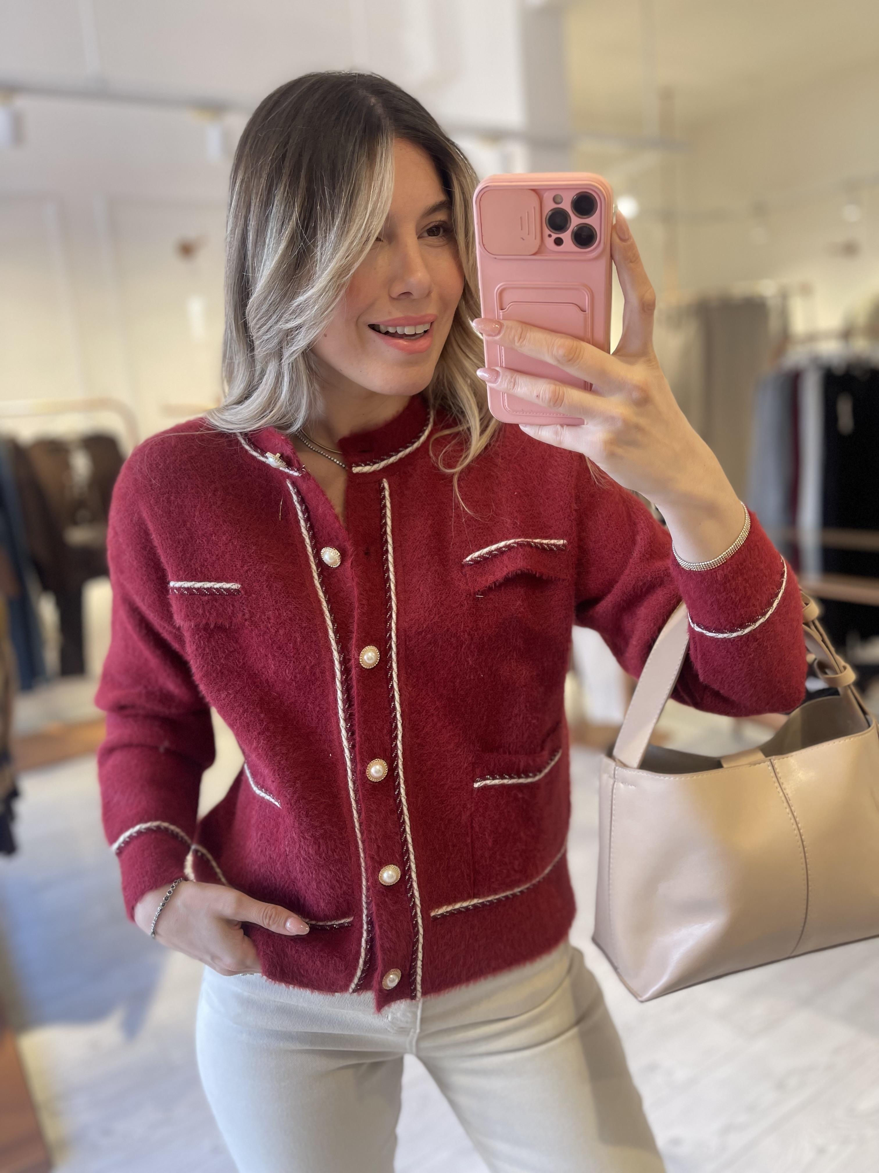 Premium Kırmızı Gold Dikiş Detaylı Angora Hırka