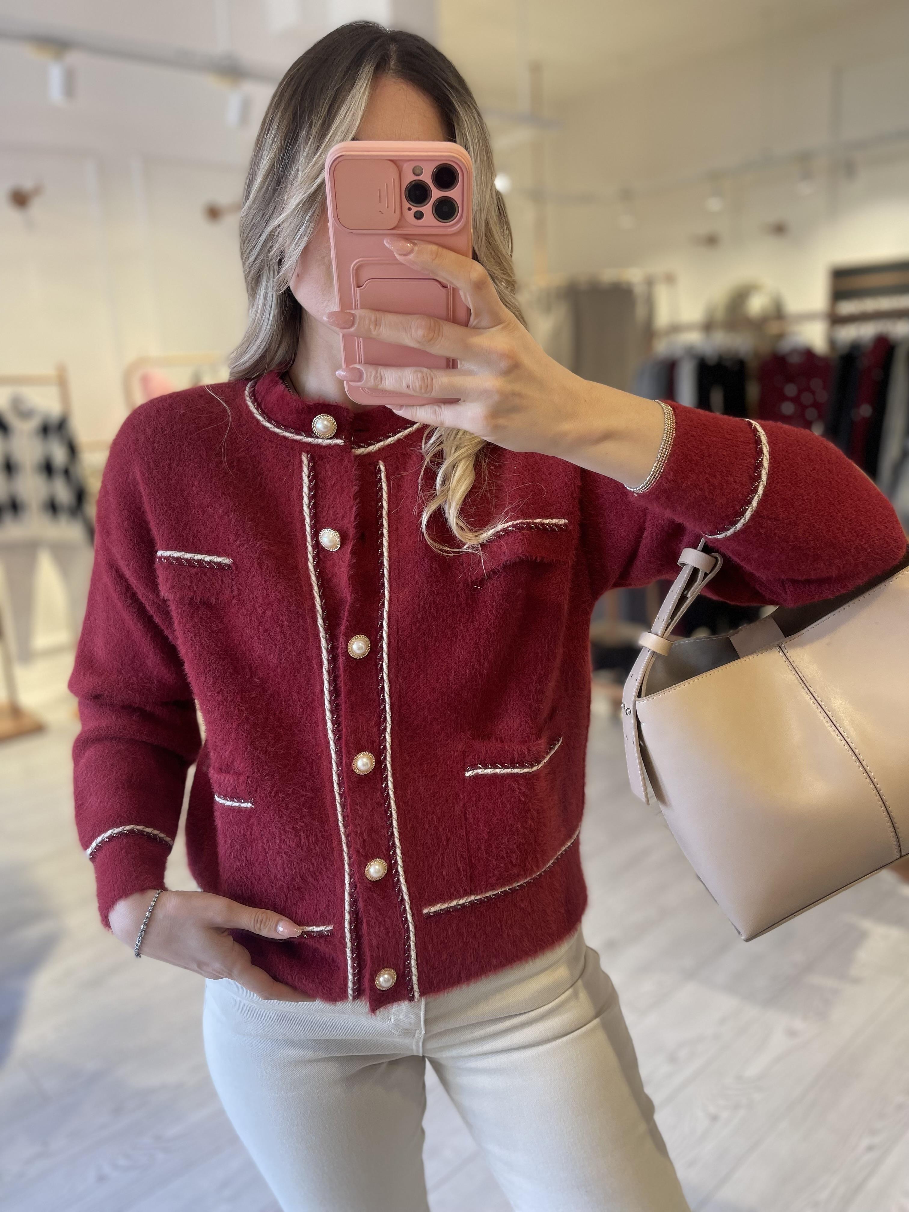 Premium Kırmızı Gold Dikiş Detaylı Angora Hırka · 2