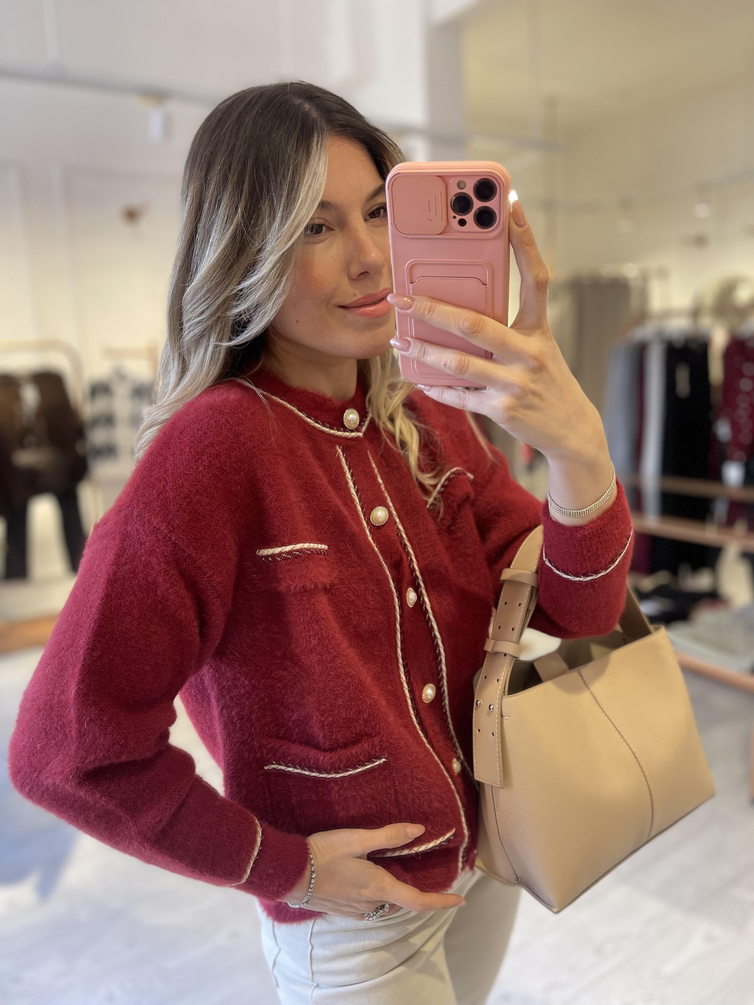 Premium Kırmızı Gold Dikiş Detaylı Angora Hırka · 4