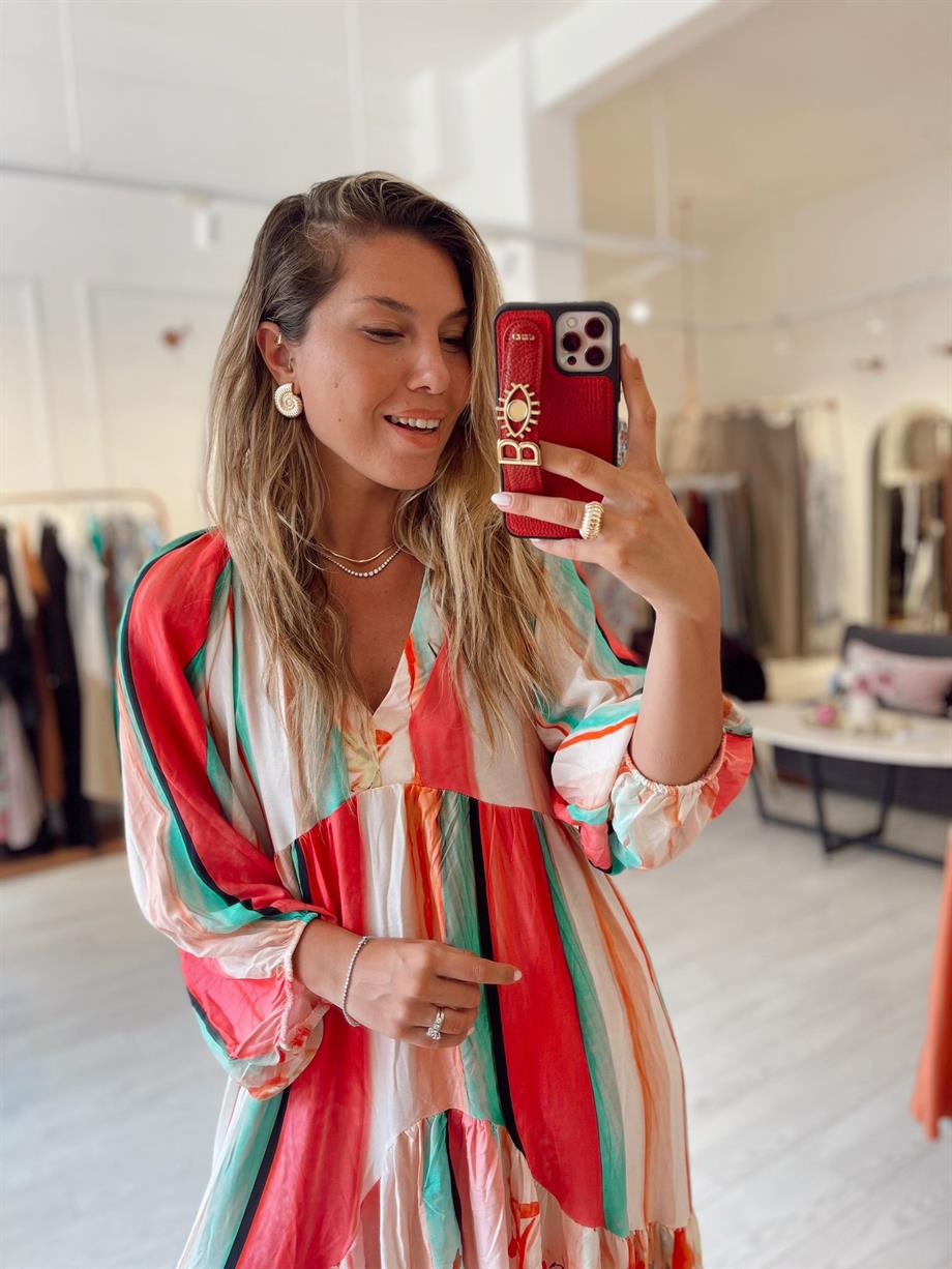 Renkli V Yaka Balon Kol Maksi Viskon Elbise