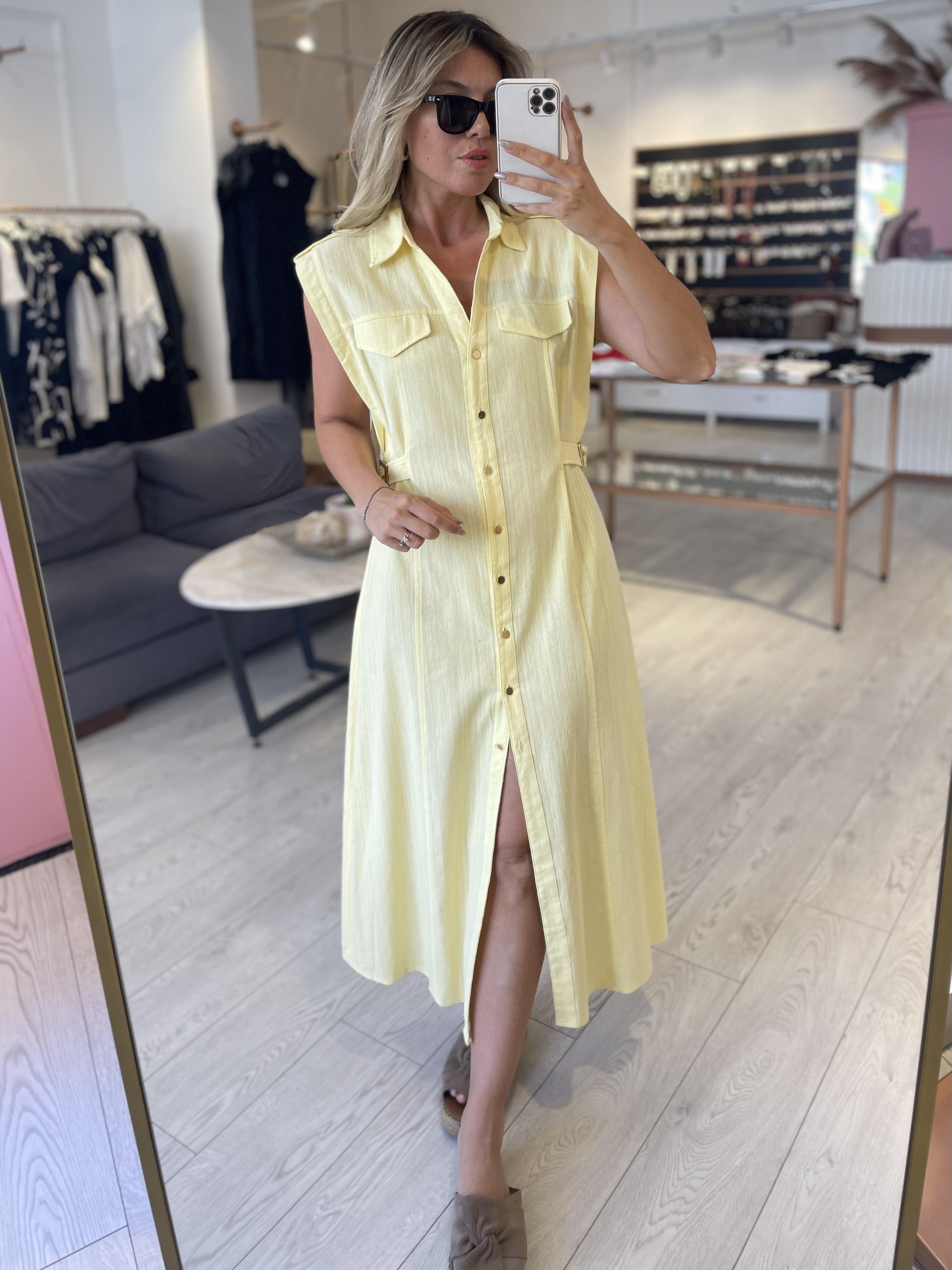 Sarı Keten Gold Düğmeli Elbise