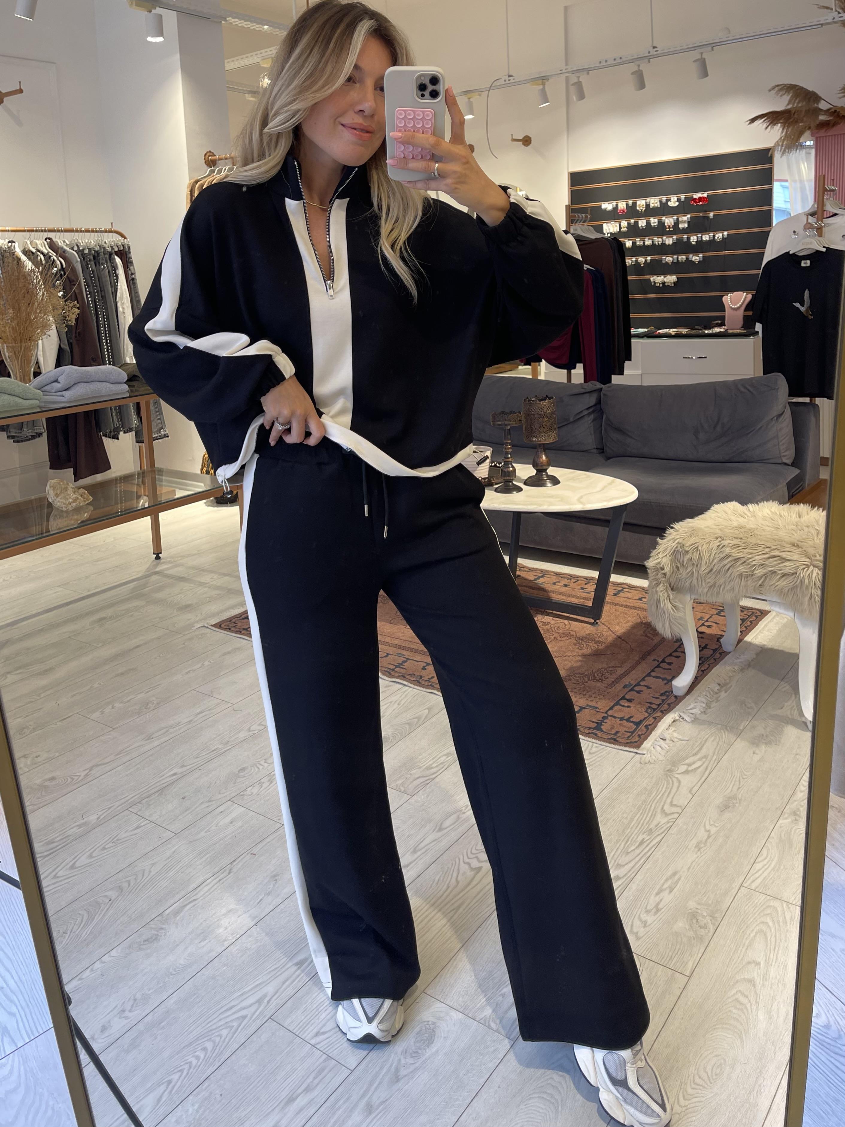 Siyah Beyaz Fermuar Yaka Sweat Modal Eşofman Alt Takım 