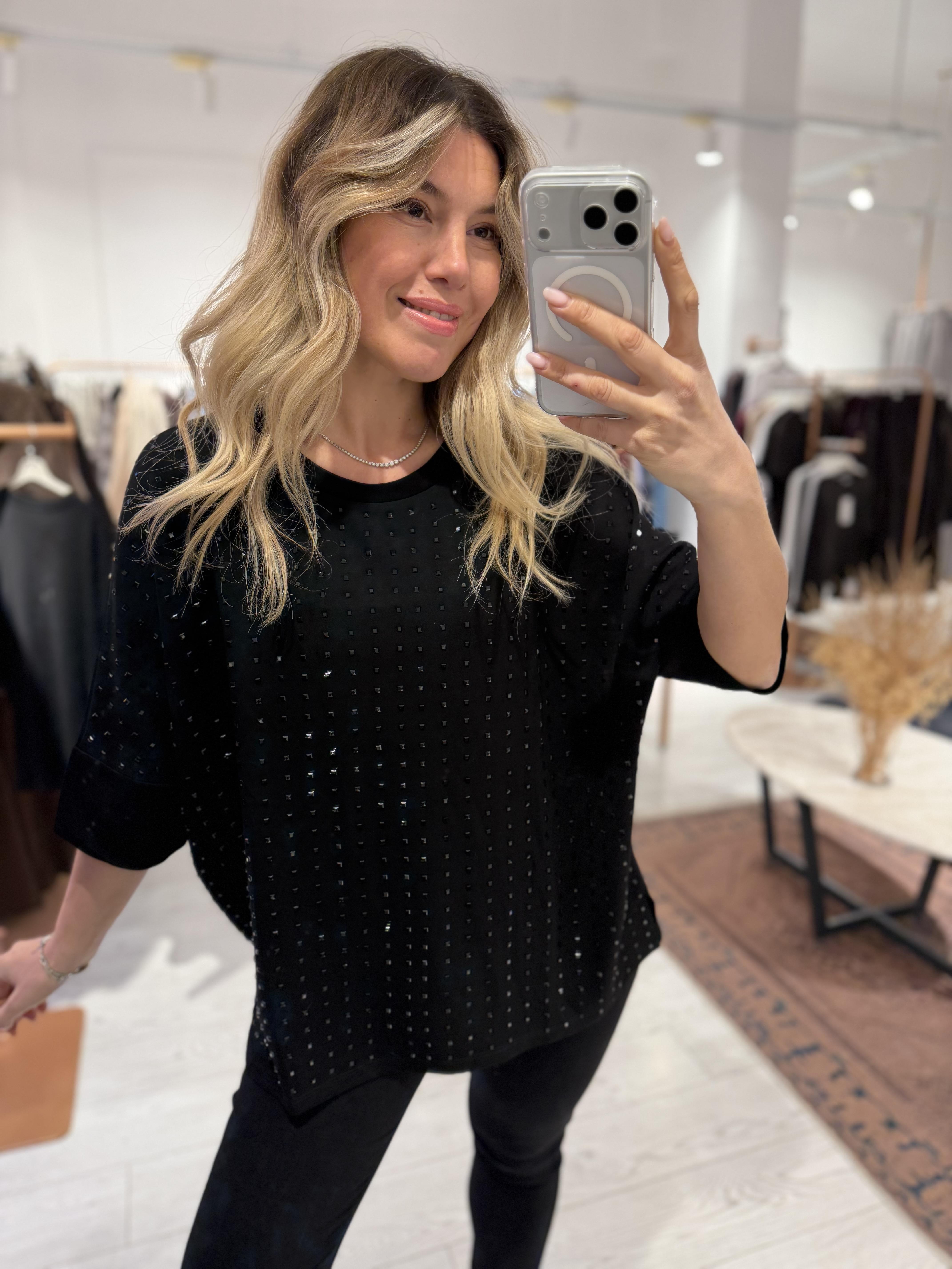 Siyah Bisiklet Yaka İthal Taşlı Yetim Kol Bluz