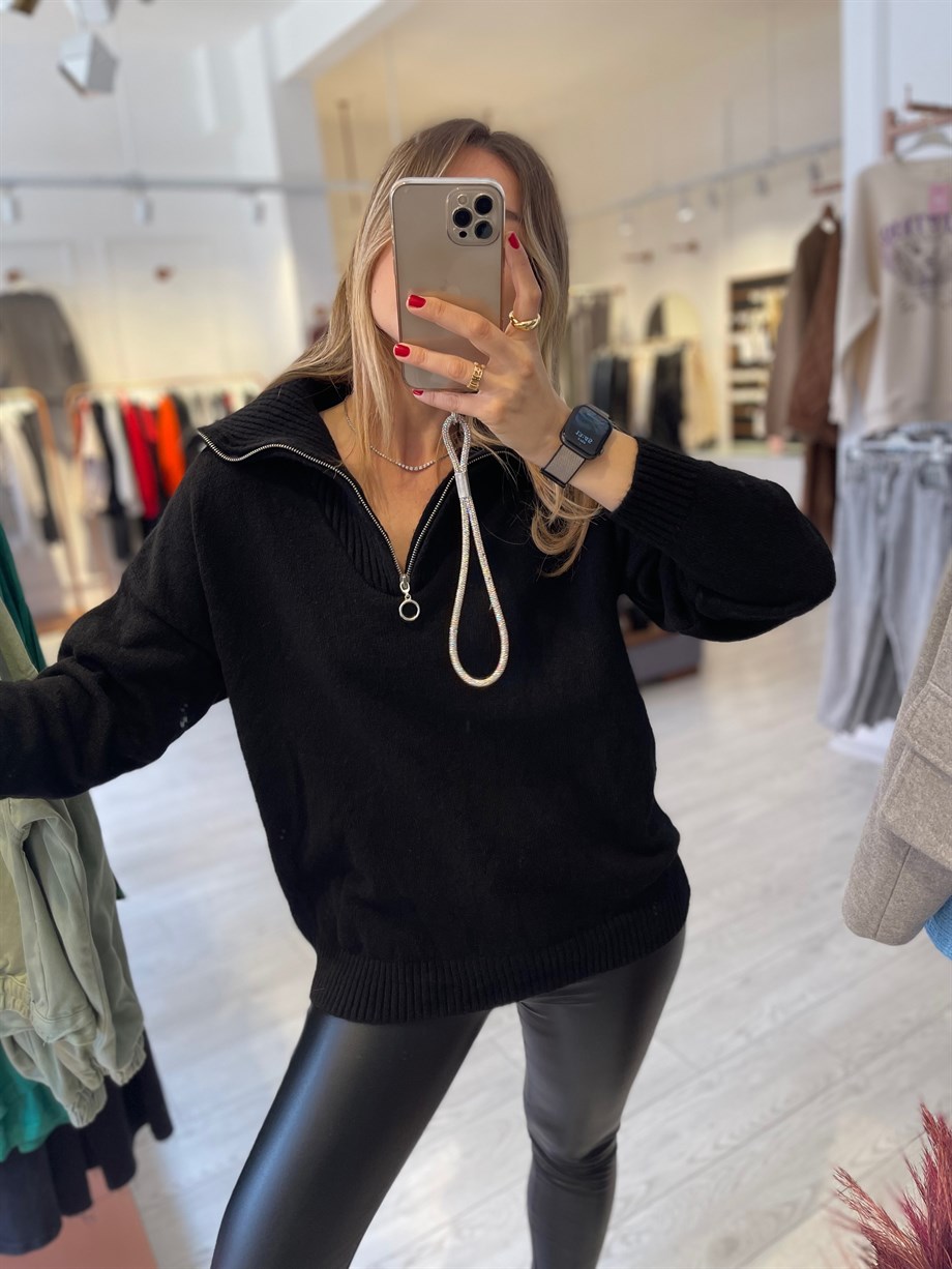 Siyah Fermuar Yaka Kazak