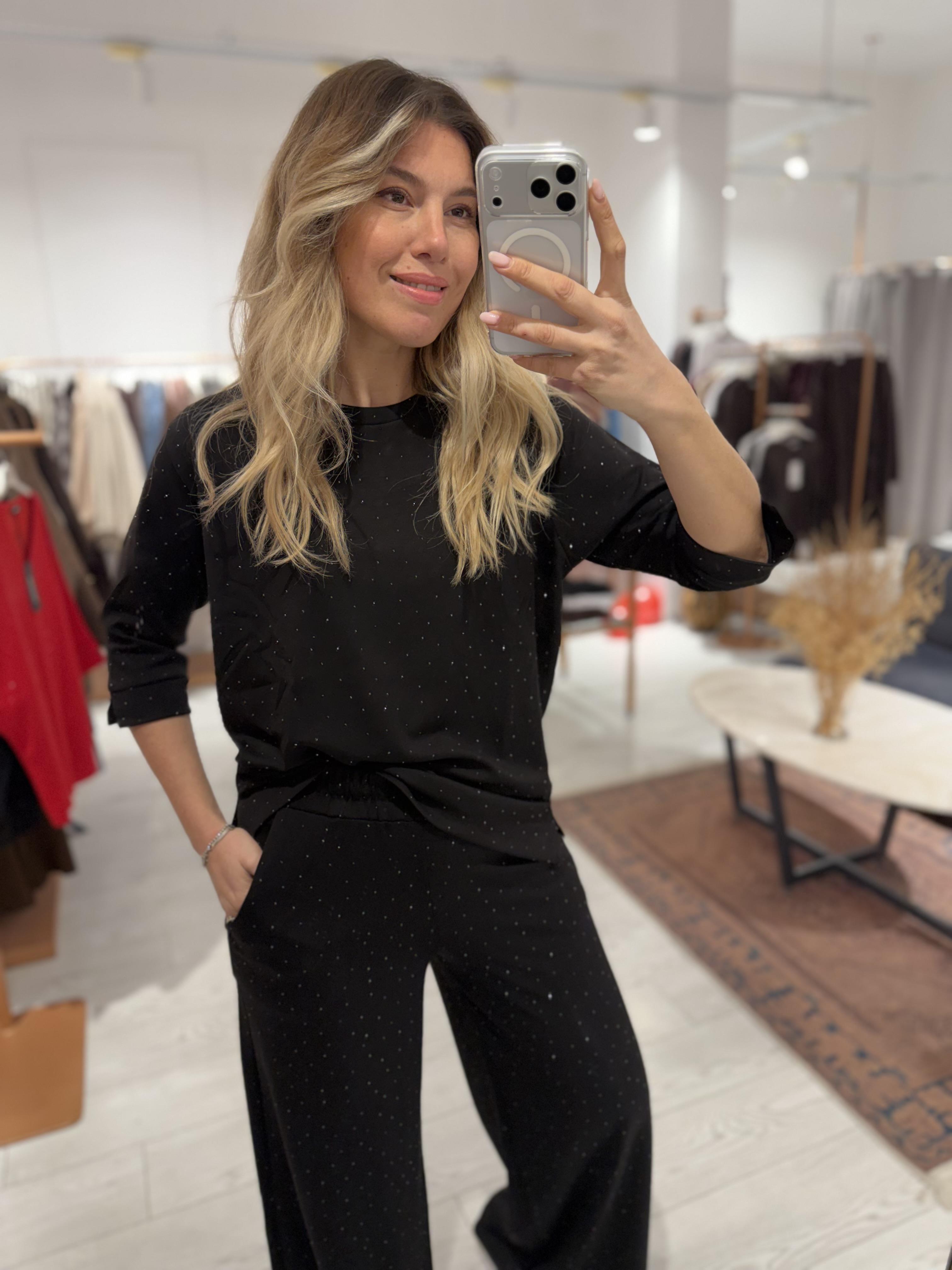 Siyah Ful Mini İthal Taşlı Premium Palazzo Pantolonlu Takım