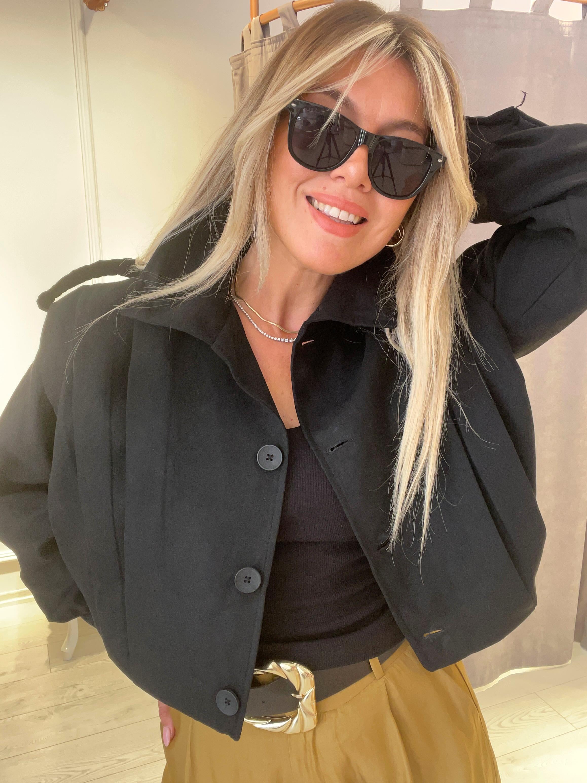 Siyah Gabardin Dik Yaka Apoletli Ceket