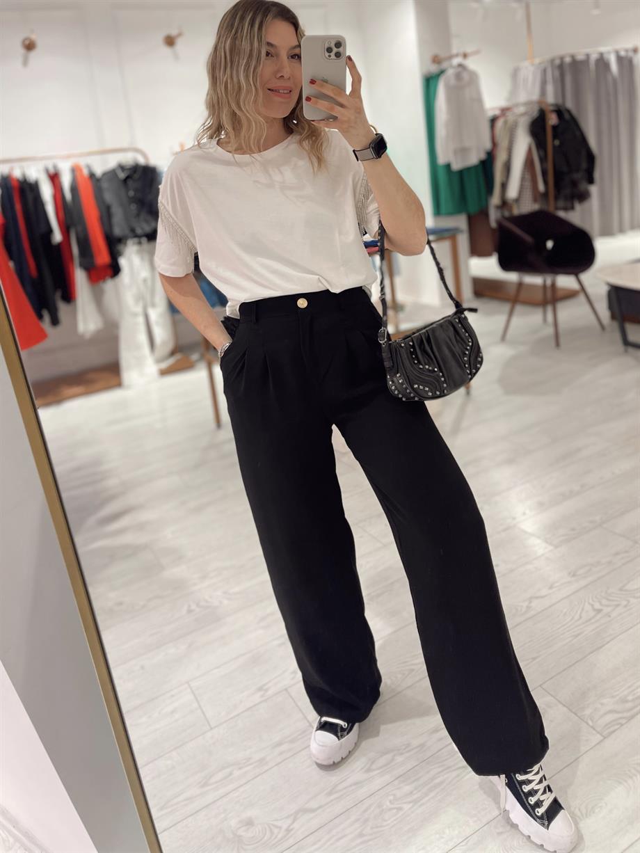 Siyah Gold Düğmeli Palazzo Pantolon