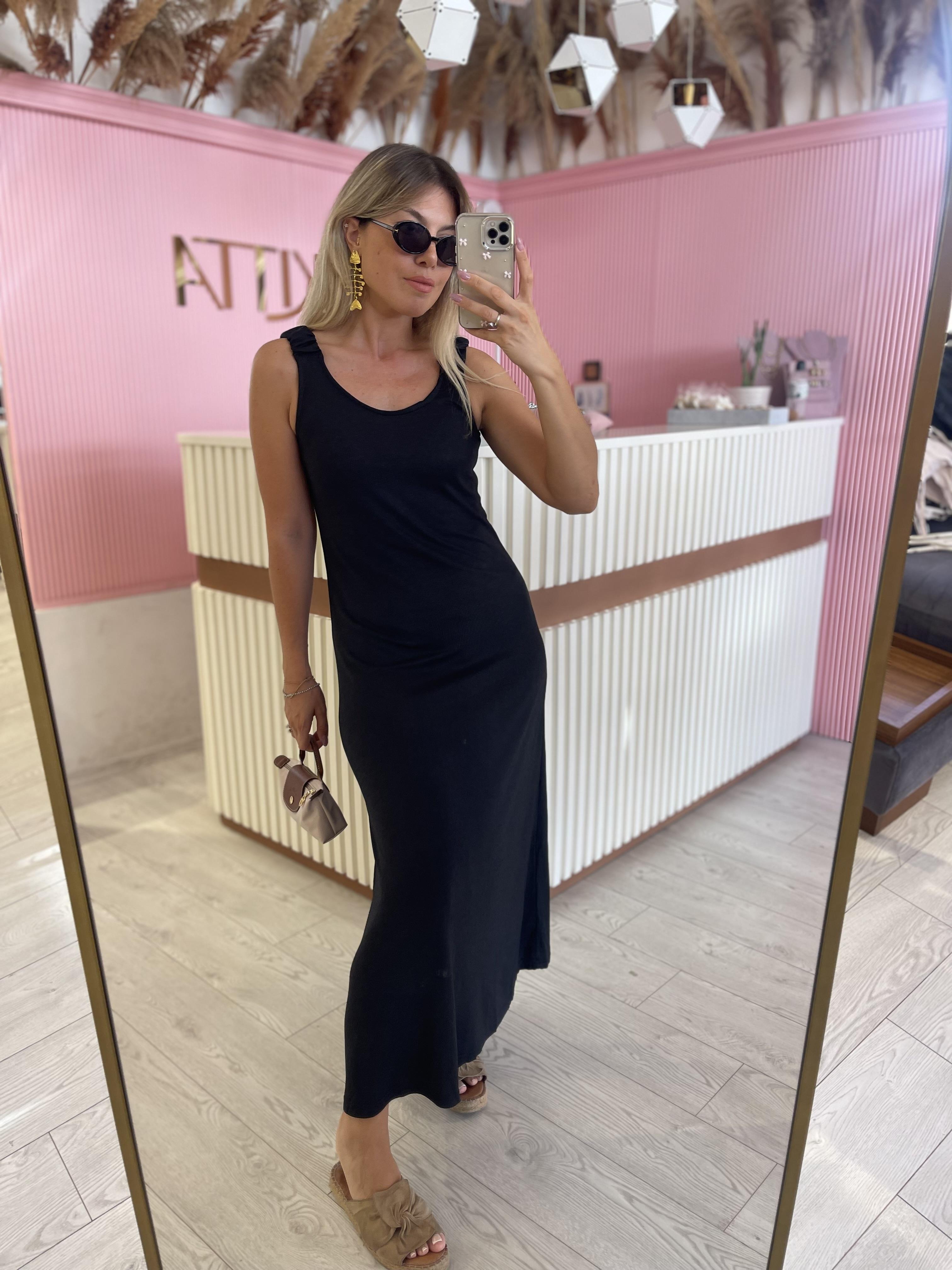 Siyah Kalın Büzgü Askılı Maxi  Elbise