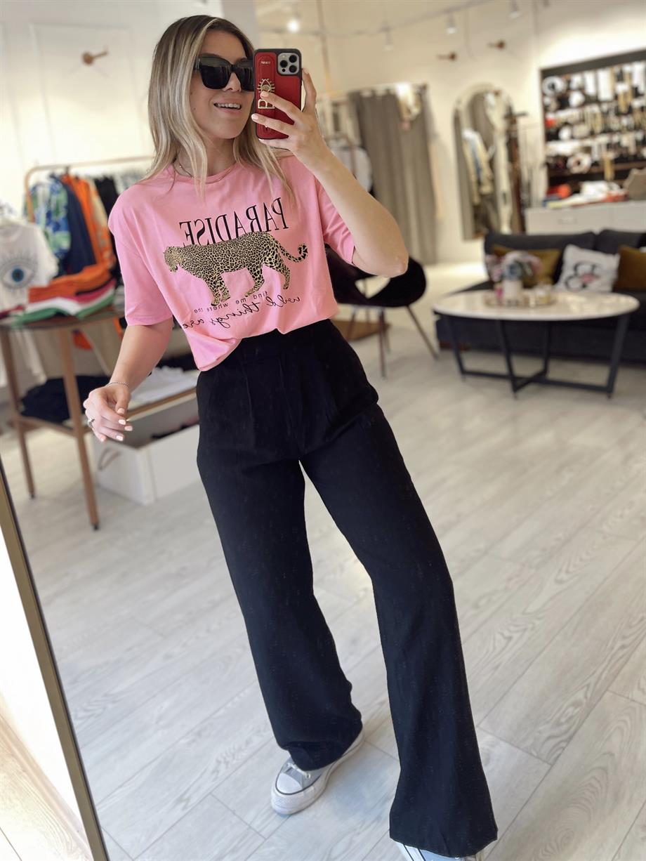 Siyah Keten Bel Çıtçıt Kapamalı Palazzo Pantolon