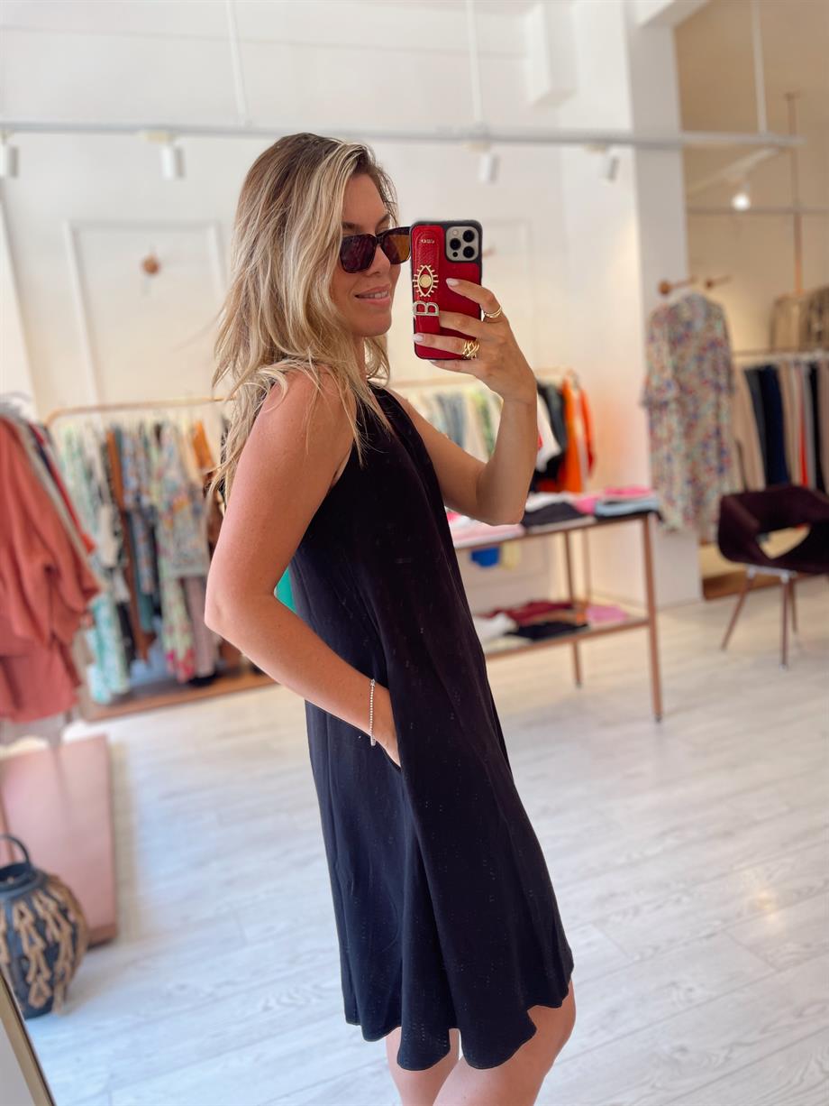 Siyah Keten V Yaka Çan Mini Elbise