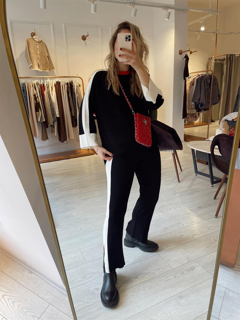 Siyah Kırmızı Bisiklet Yaka Triko Takım