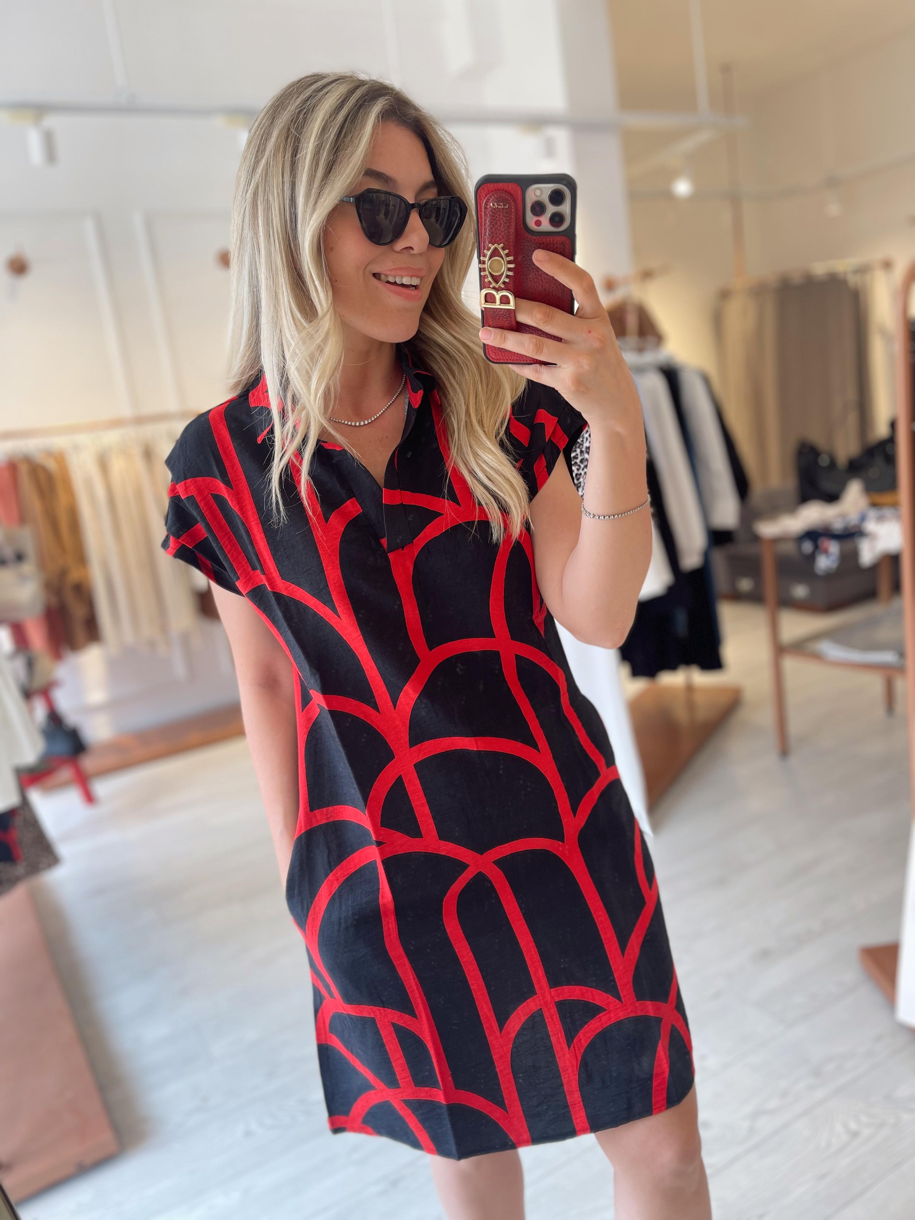 Siyah Kırmızı Desenli Kol Detaylı Cepli Keten Elbise