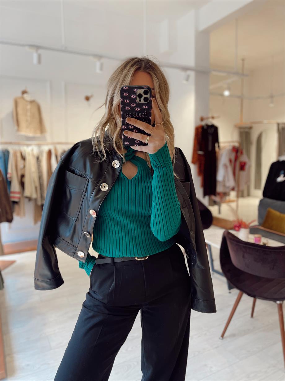 Siyah Kısa Gümüş Düğmeli Deri Ceket