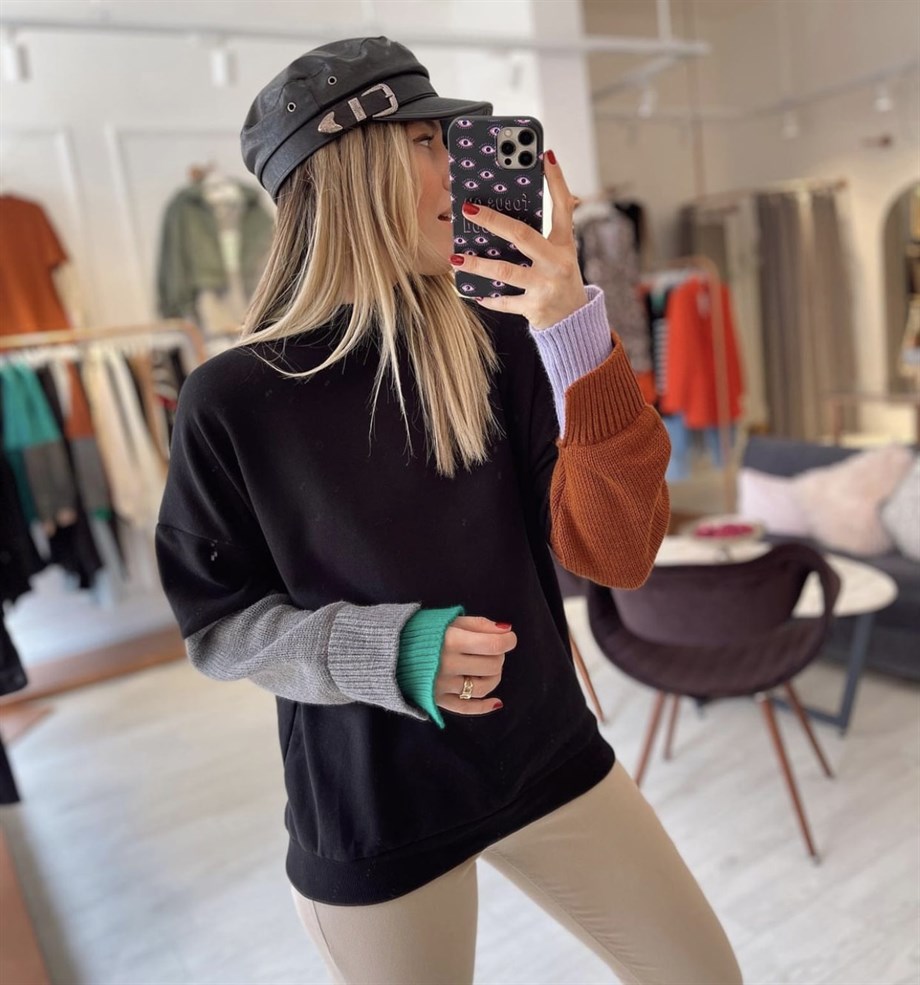 Siyah Kol Renk Bloklu Sweat
