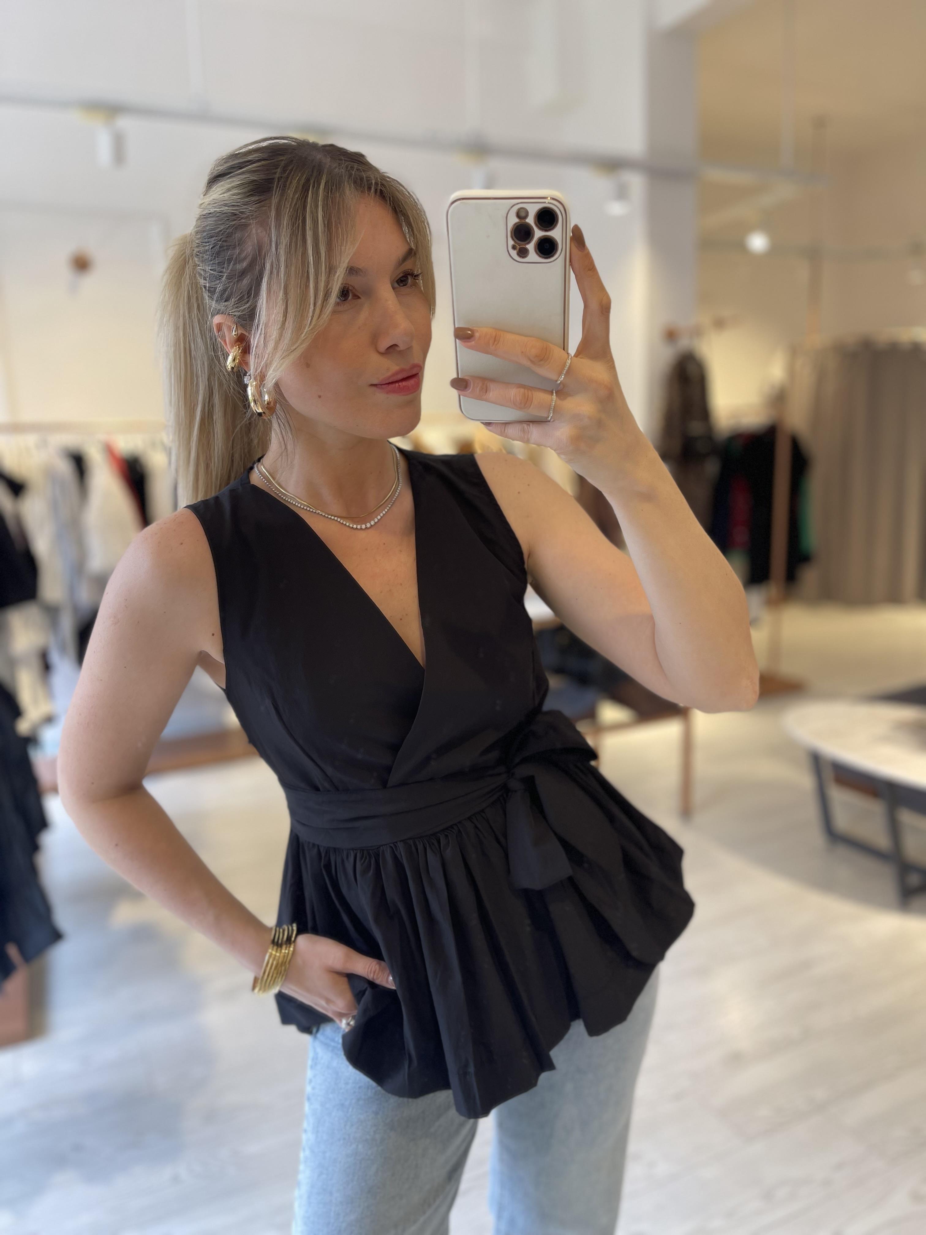 Siyah Kruvaze Kuşaklı Poplin Bluz