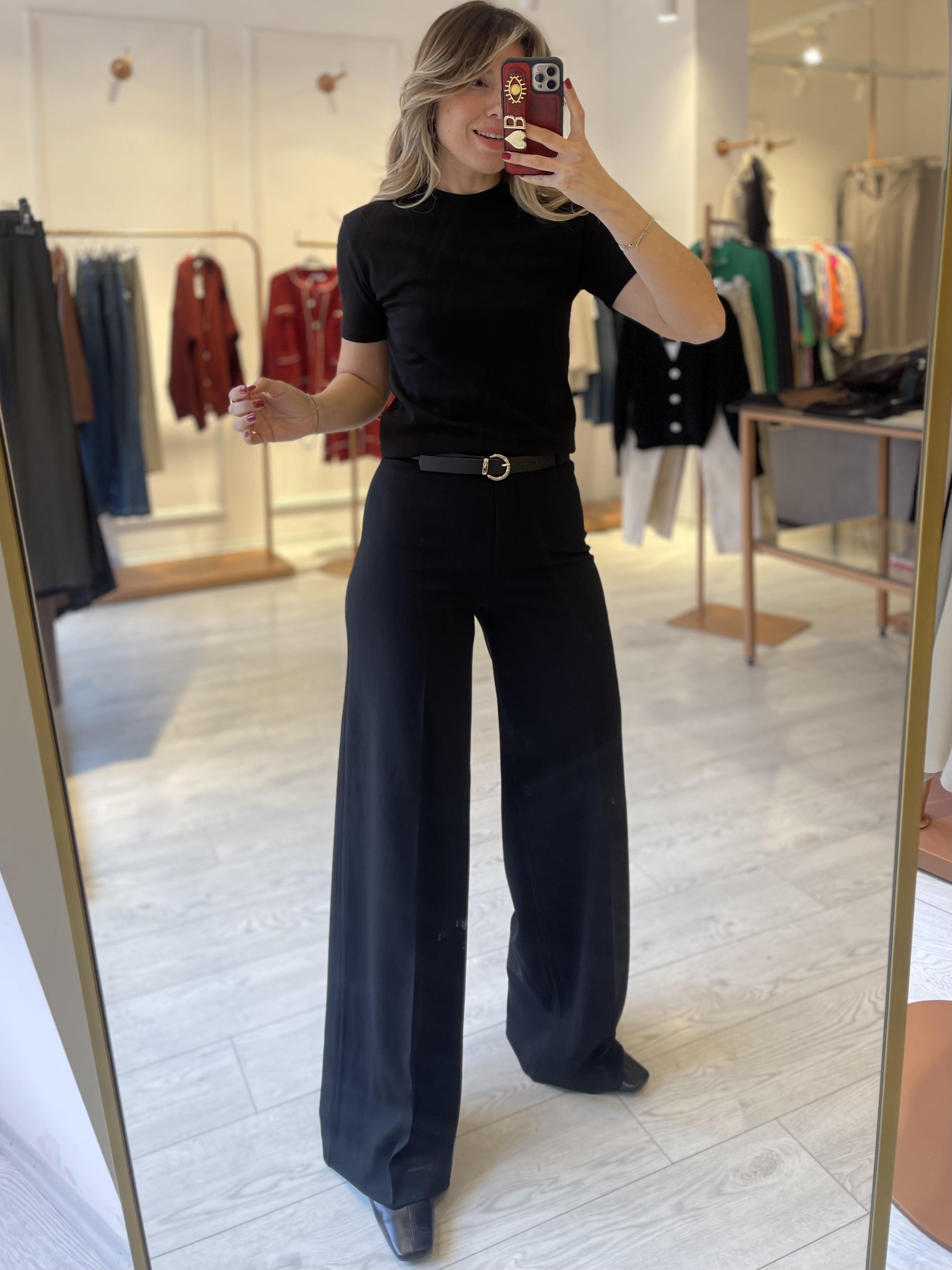 Siyah Likralı Kemerli Premium Palazzo Pantolon