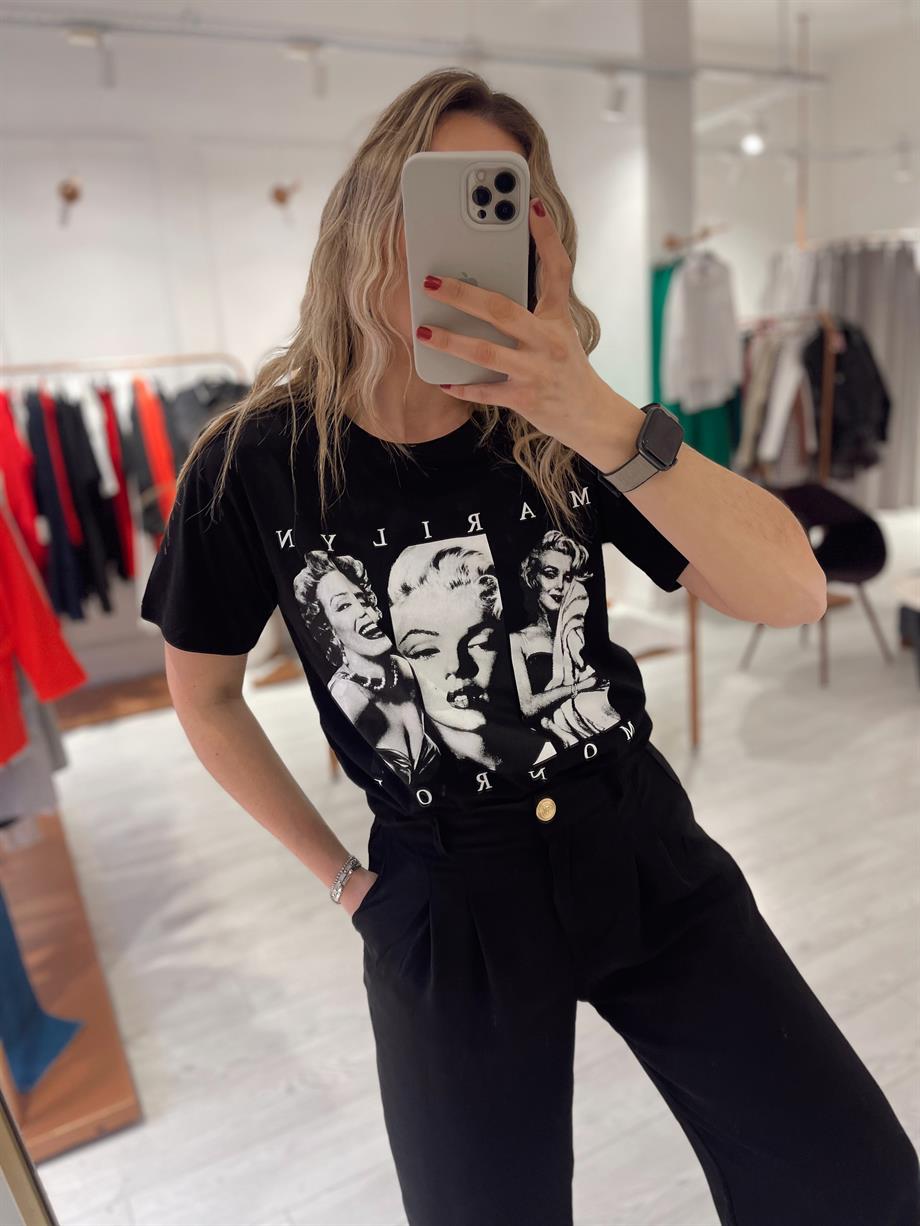 Siyah Marilyn Monroe Baskılı Tshirt