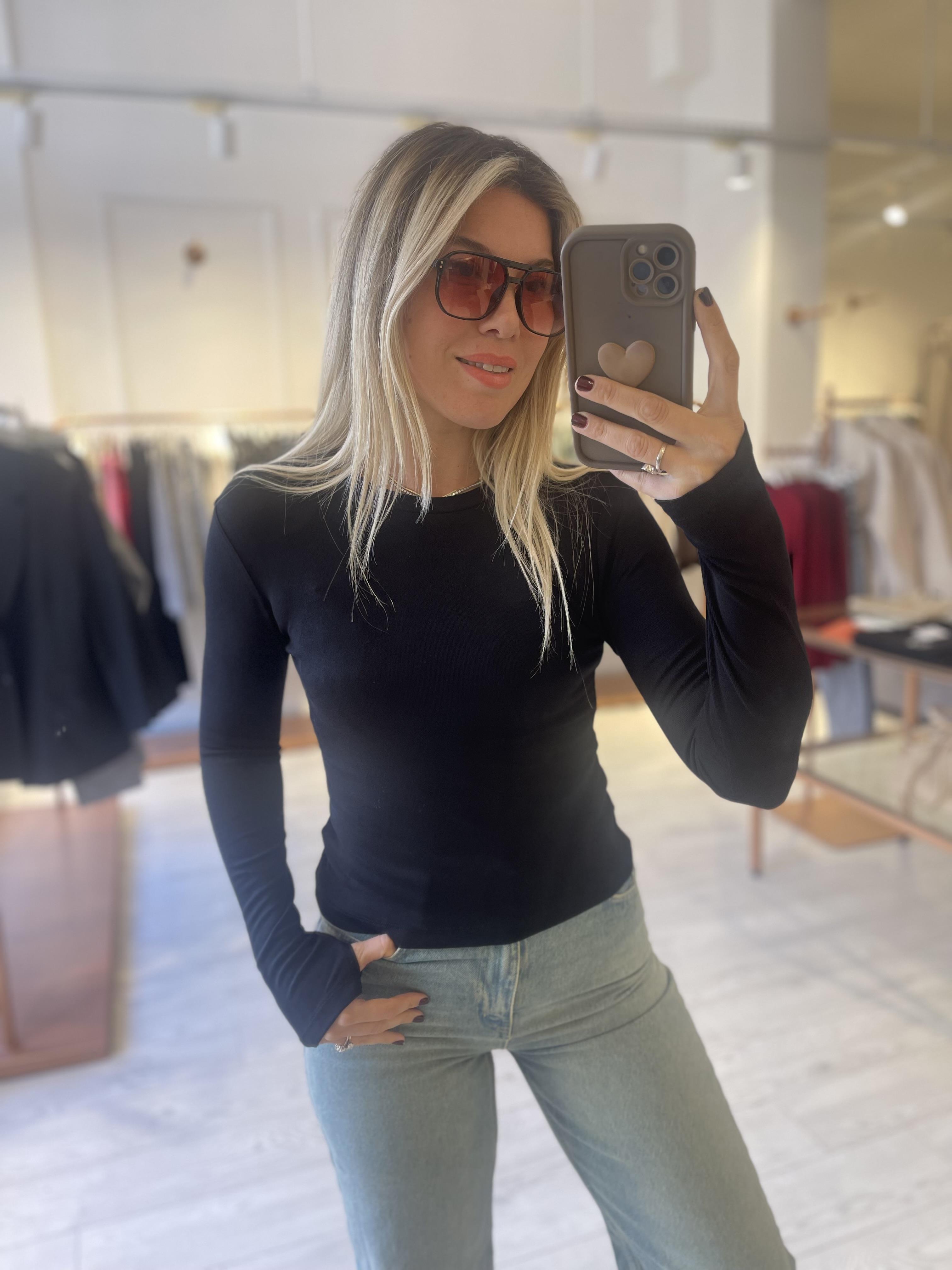 Siyah Massi.Yumuşak Dokulu Parmak Geçirmeli Basic Bluz