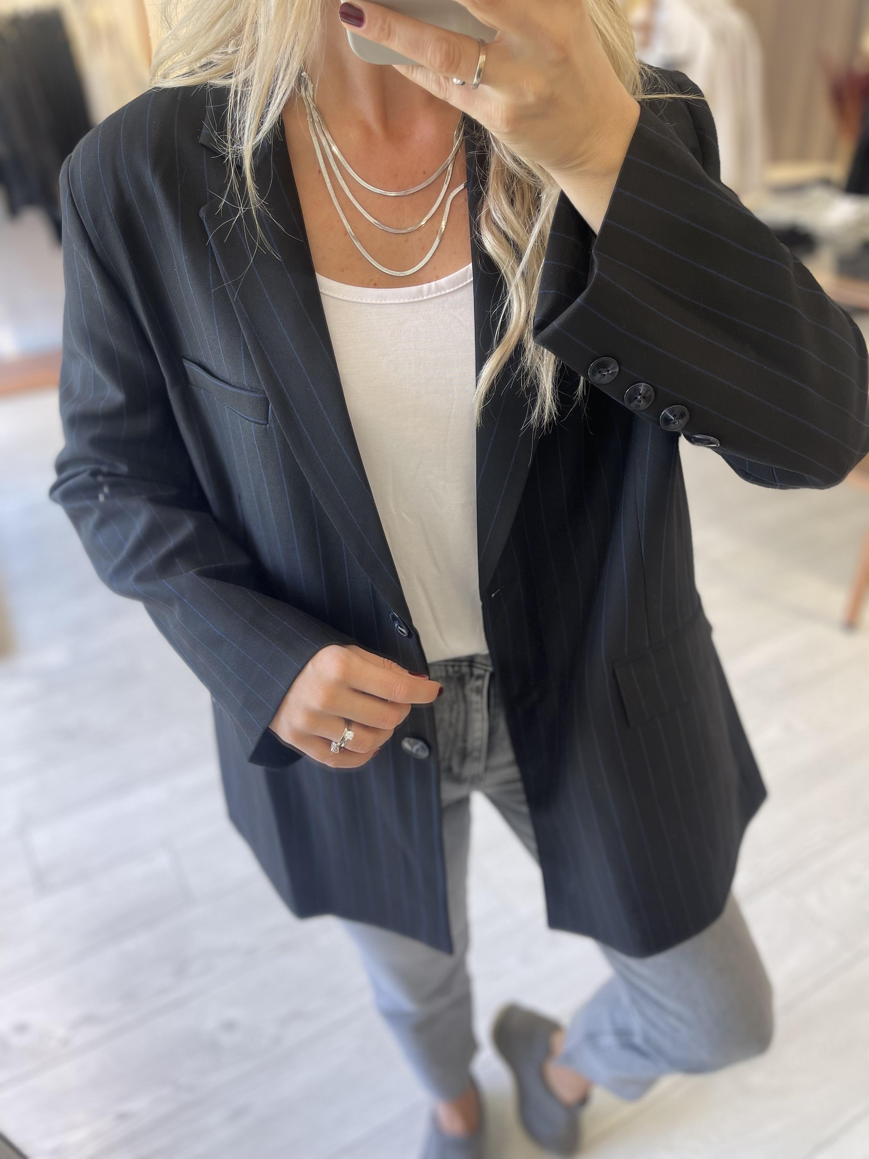 Siyah Mavi Çizgili Premium Seri Oversize Blazer