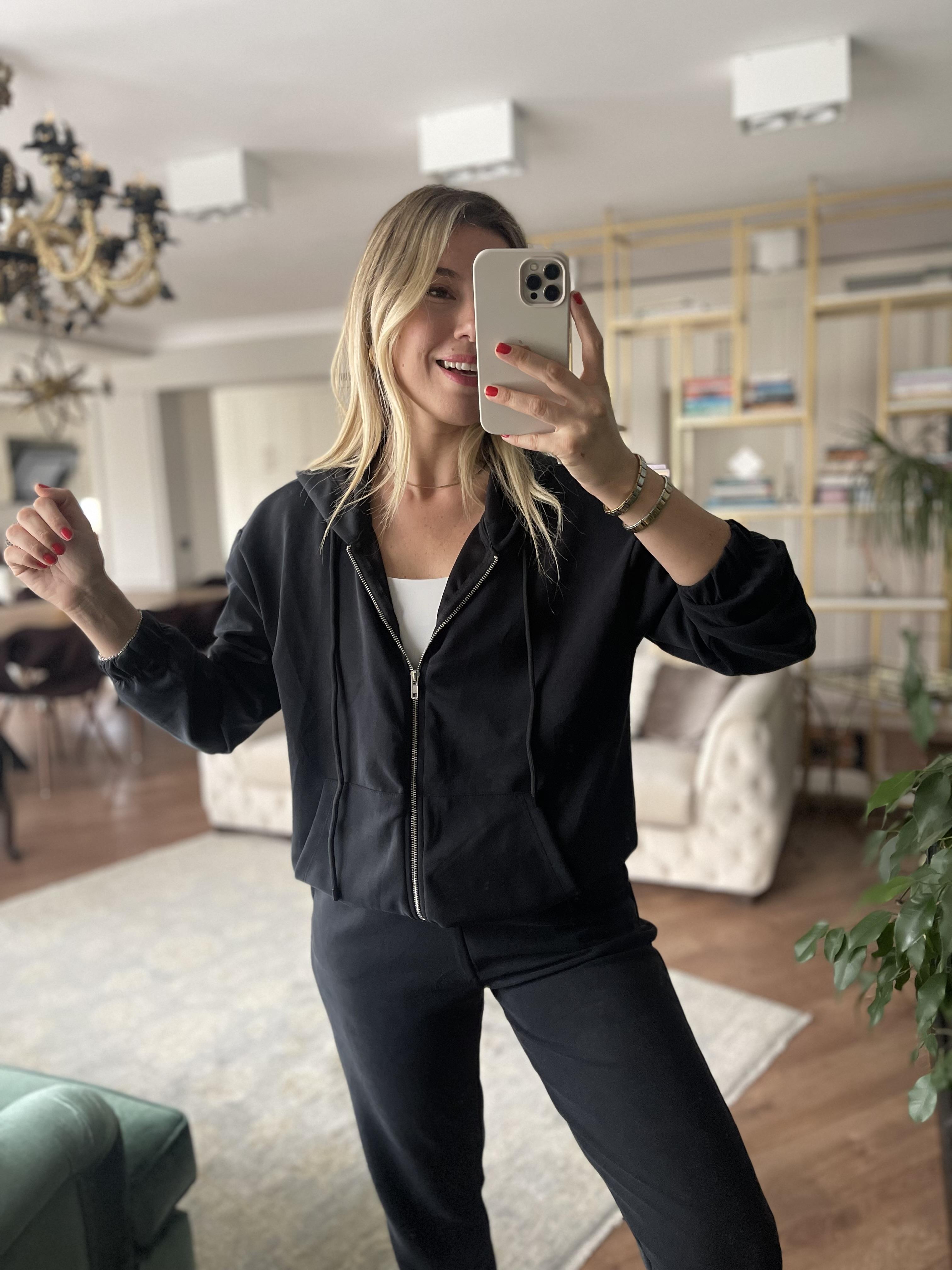 Siyah Modal Kumaş Kapşonlu Fermuarlı Sweat