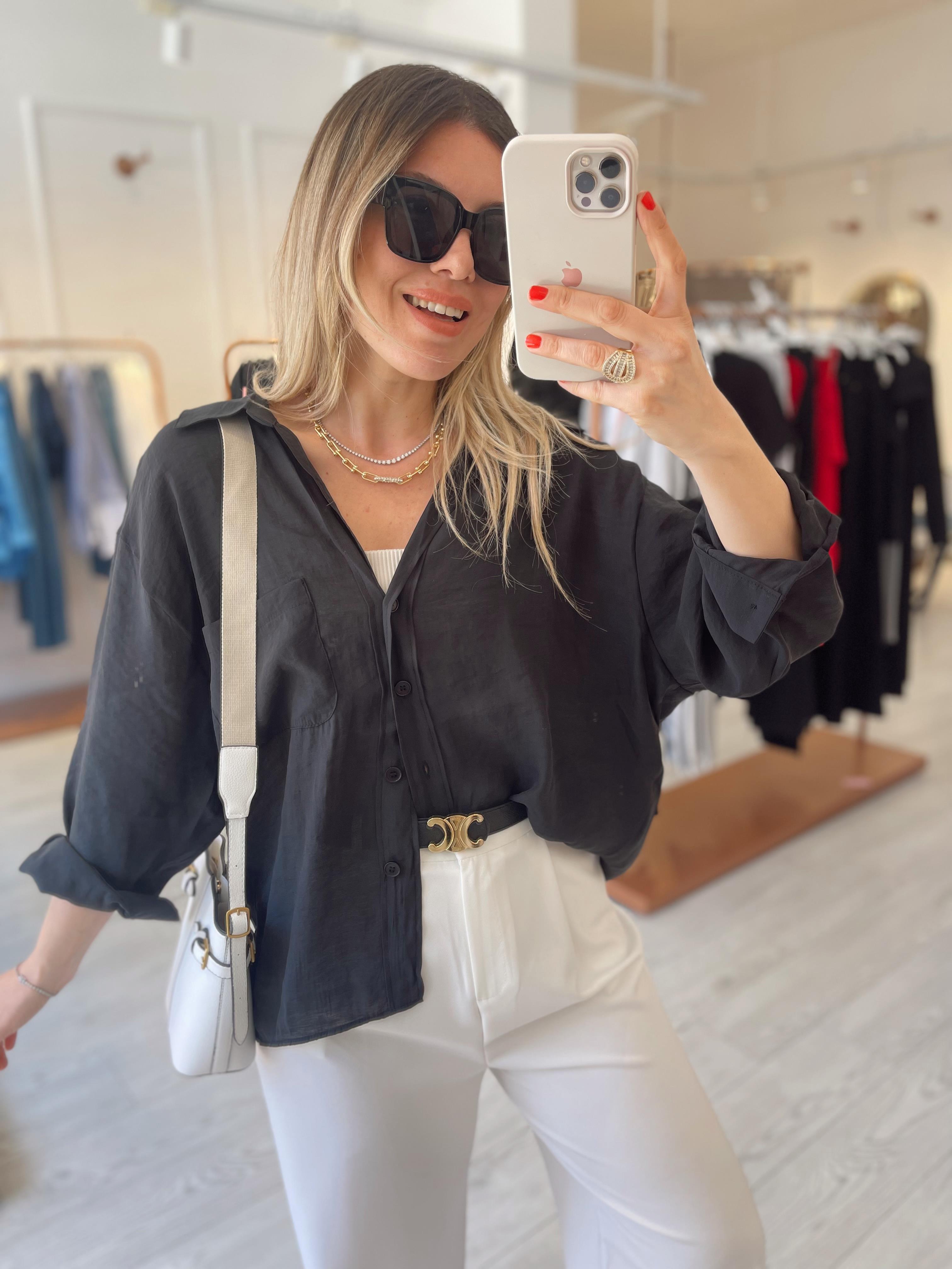 Siyah Oversize Tensel Gömlek