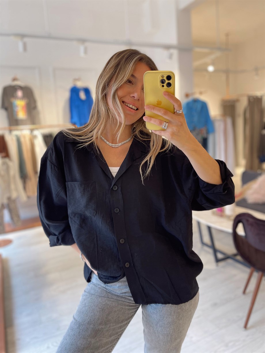 Siyah Oversize V Yaka Gömlek