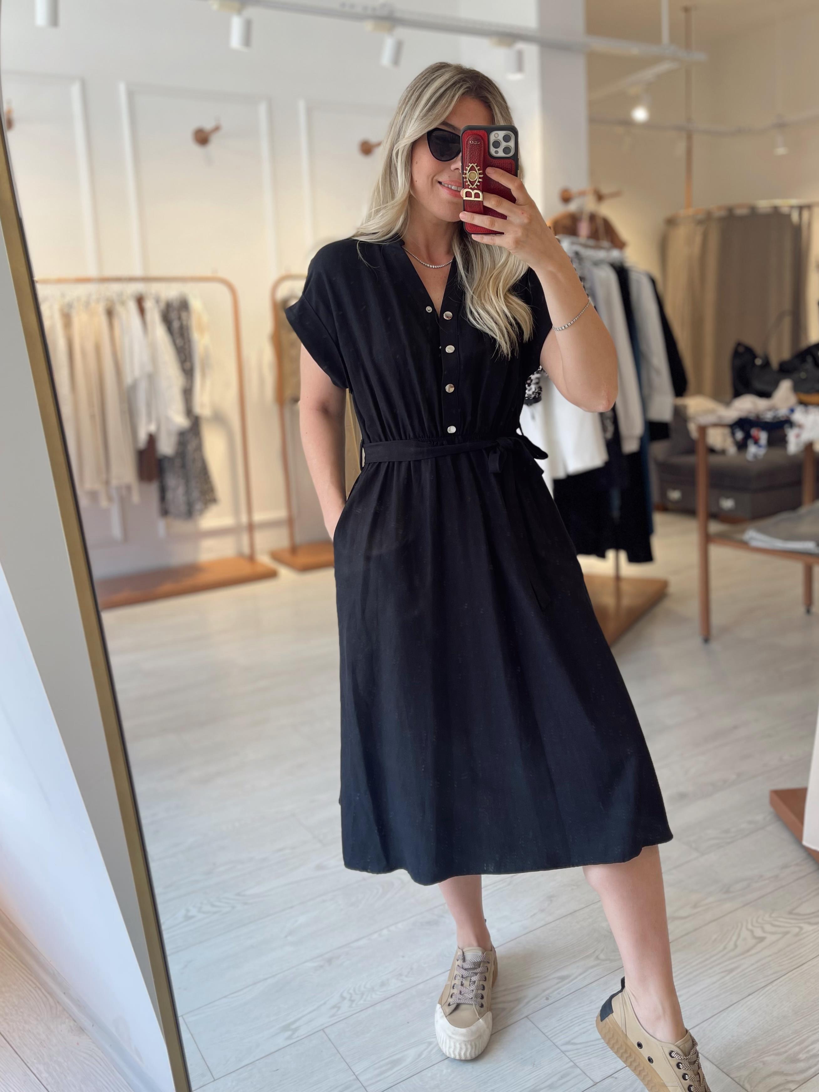 Siyah Pamuk Keten Midi Elbise