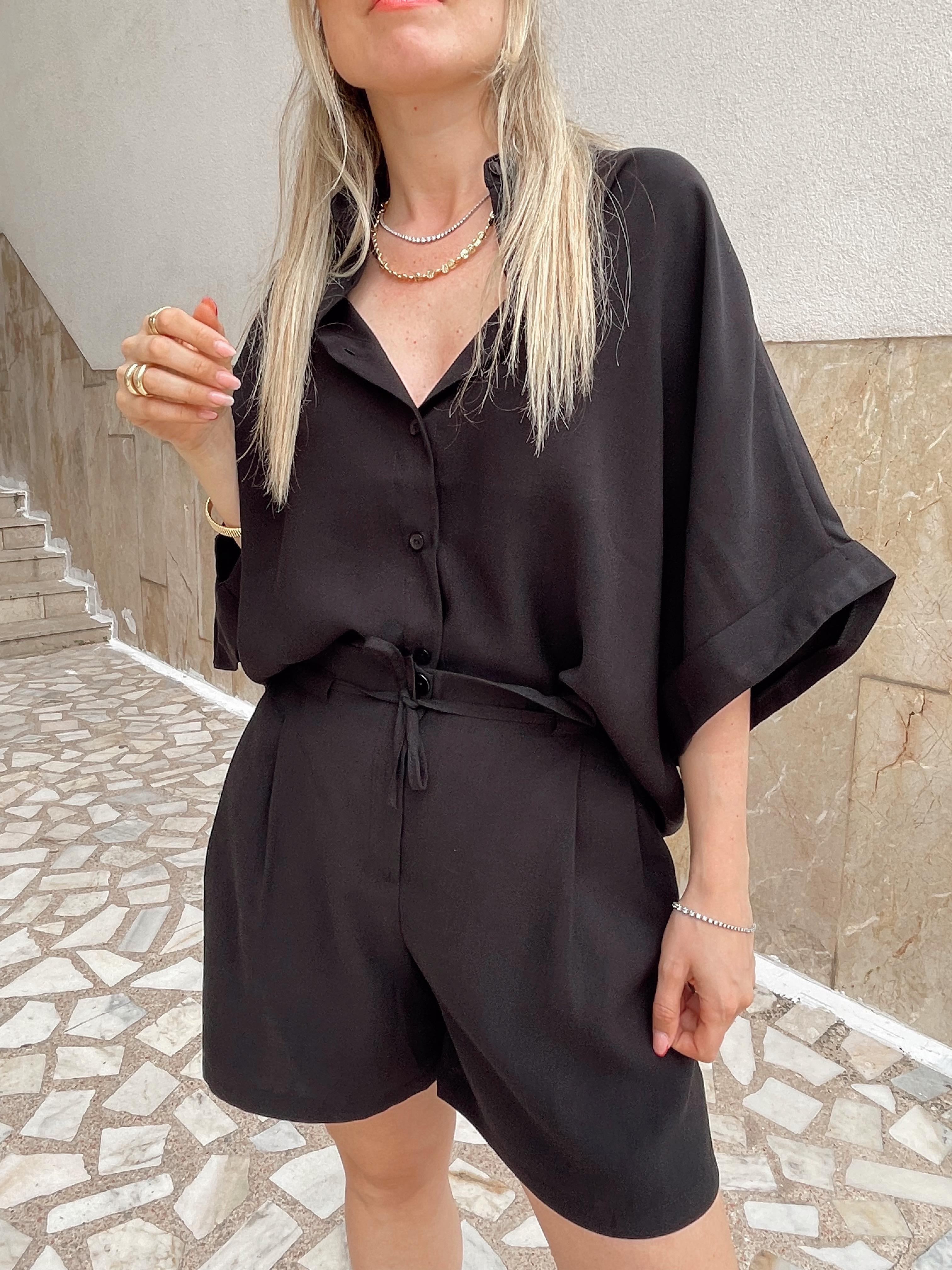 Siyah Pamuklu Tensel Gömlek Şort Takım