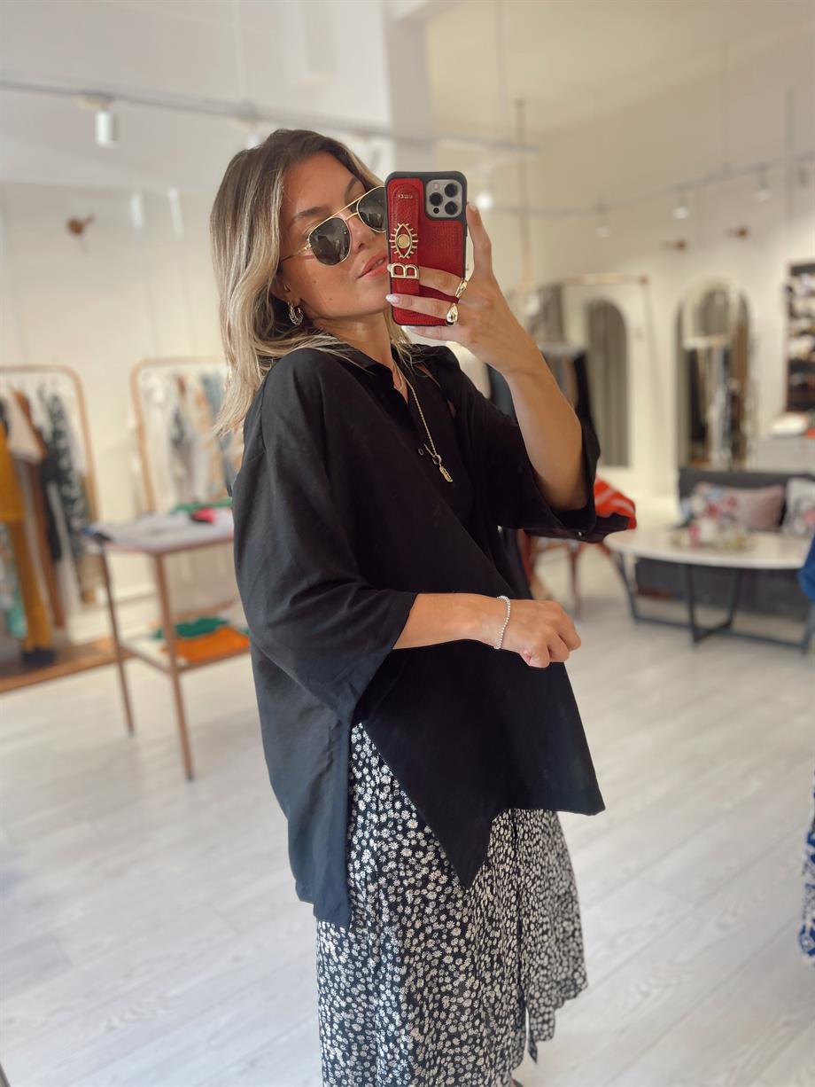 Siyah Pamuklu Yırtmaçlı Salaş Gömlek