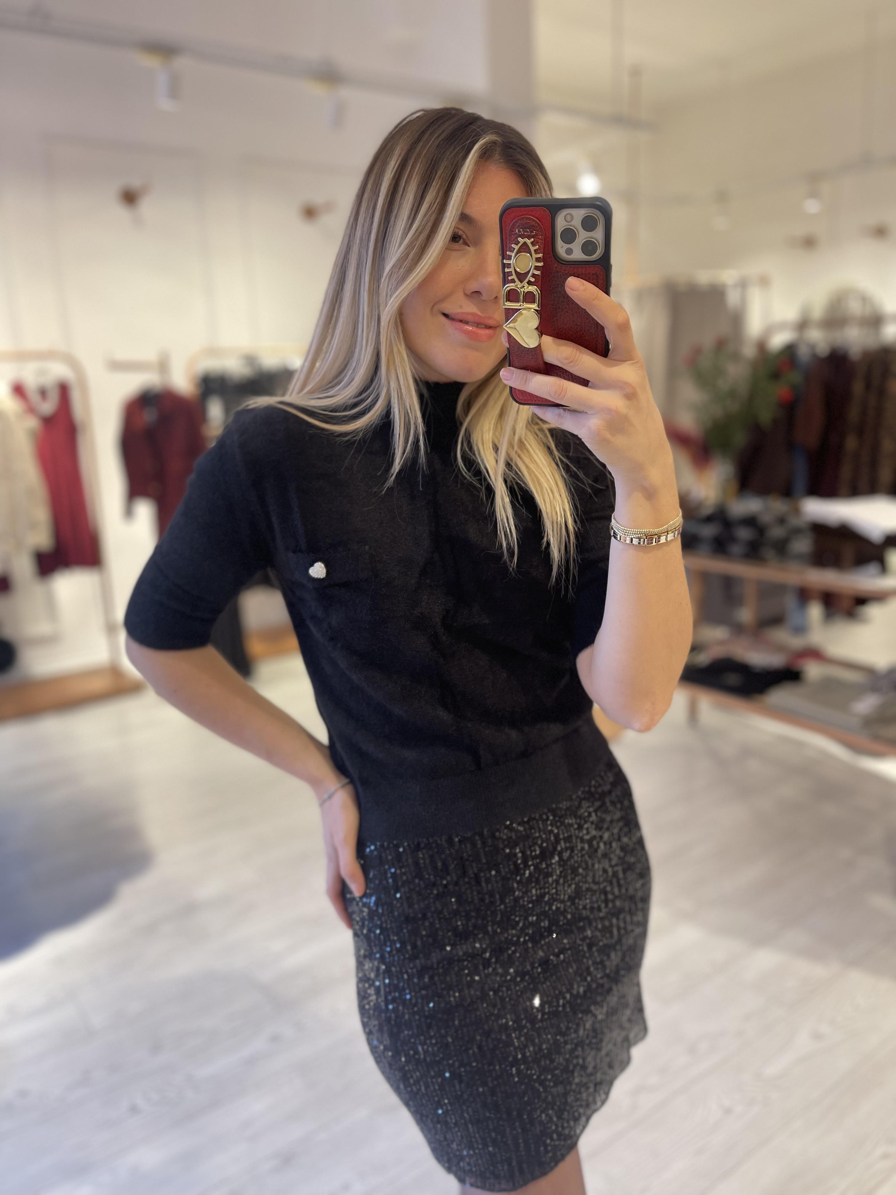 Siyah Payetli Bel Lastikli Mini Etek