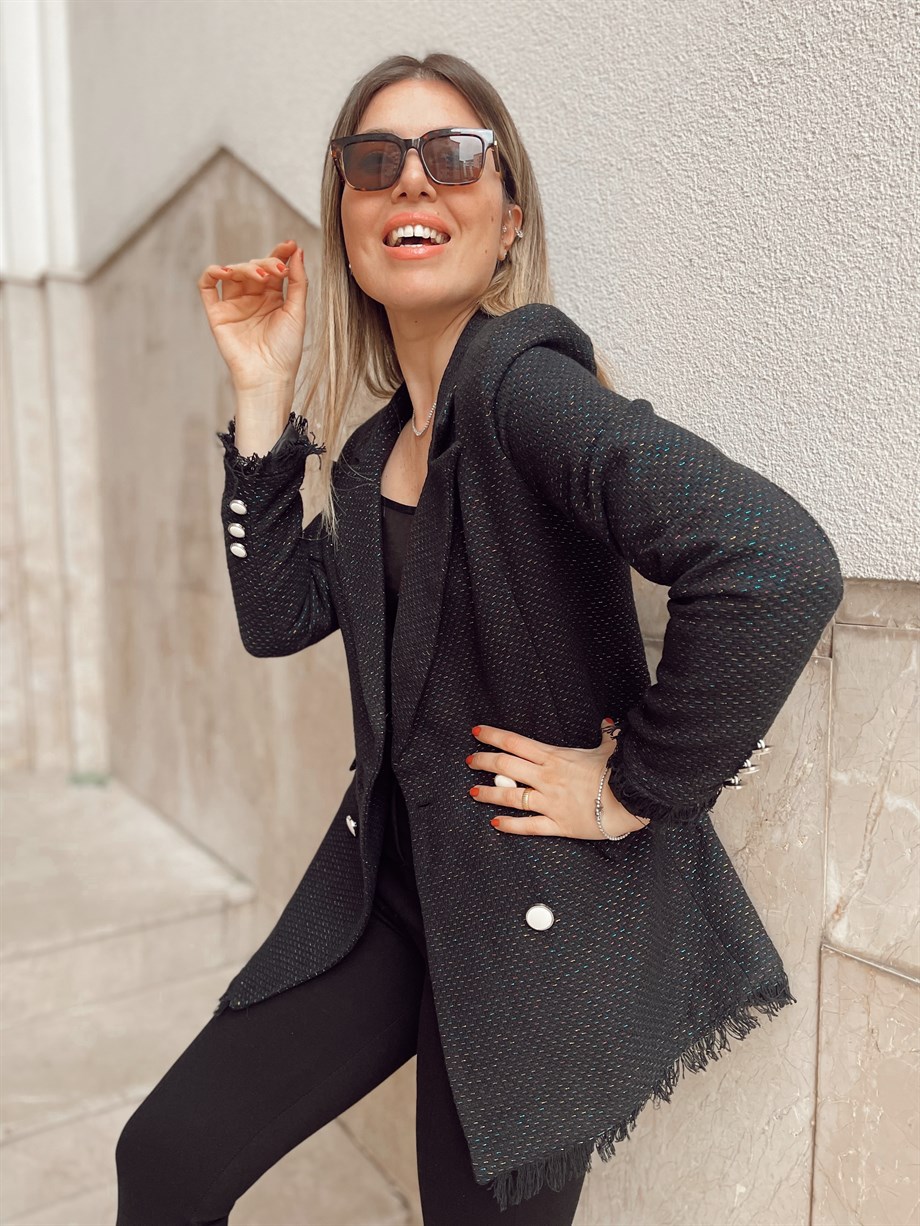 Siyah Pemium Kalite Parlak Püsküllü Tüvit Blazer