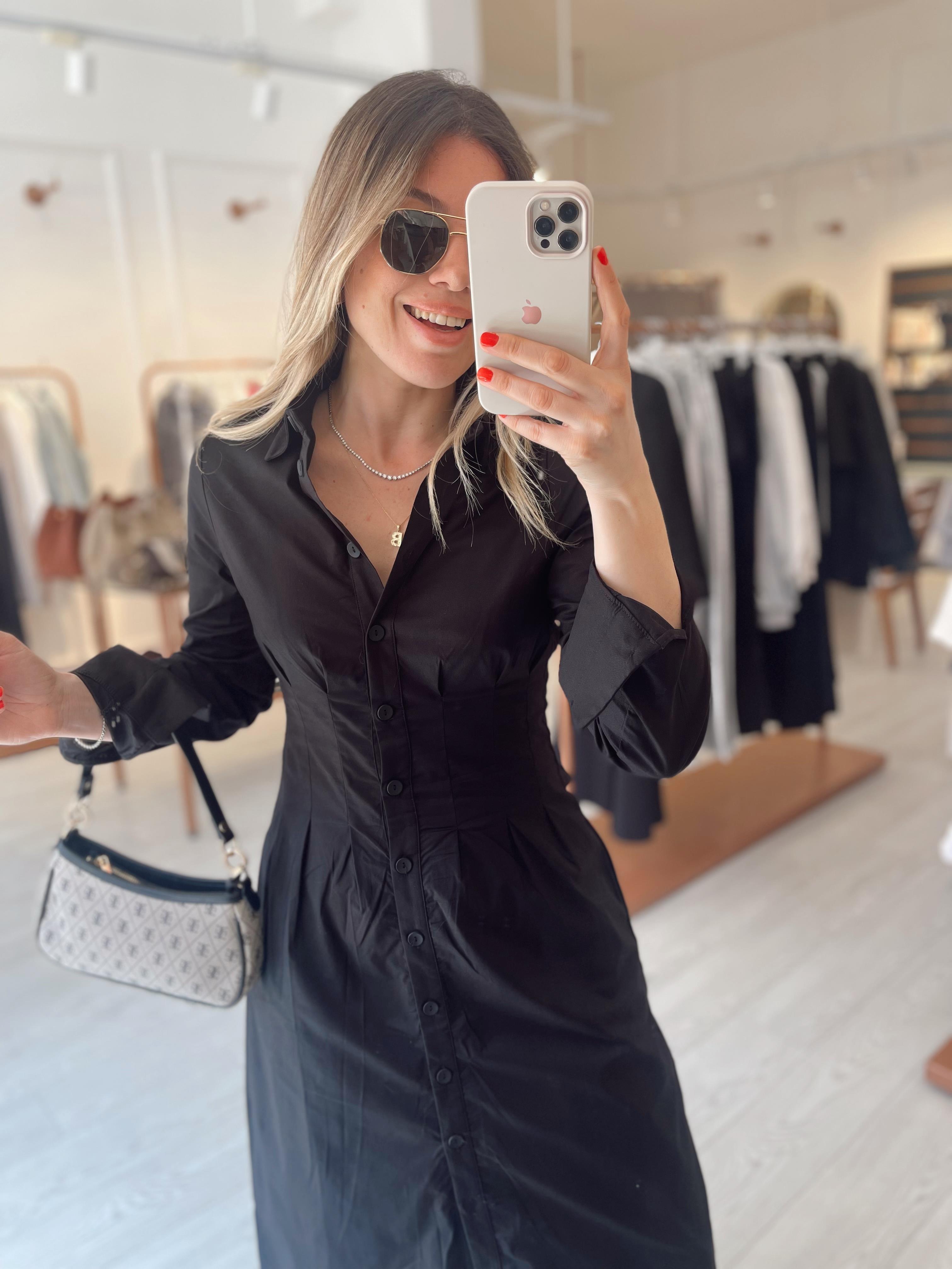 Siyah Pileli Cepli Poplin Elbise · 4