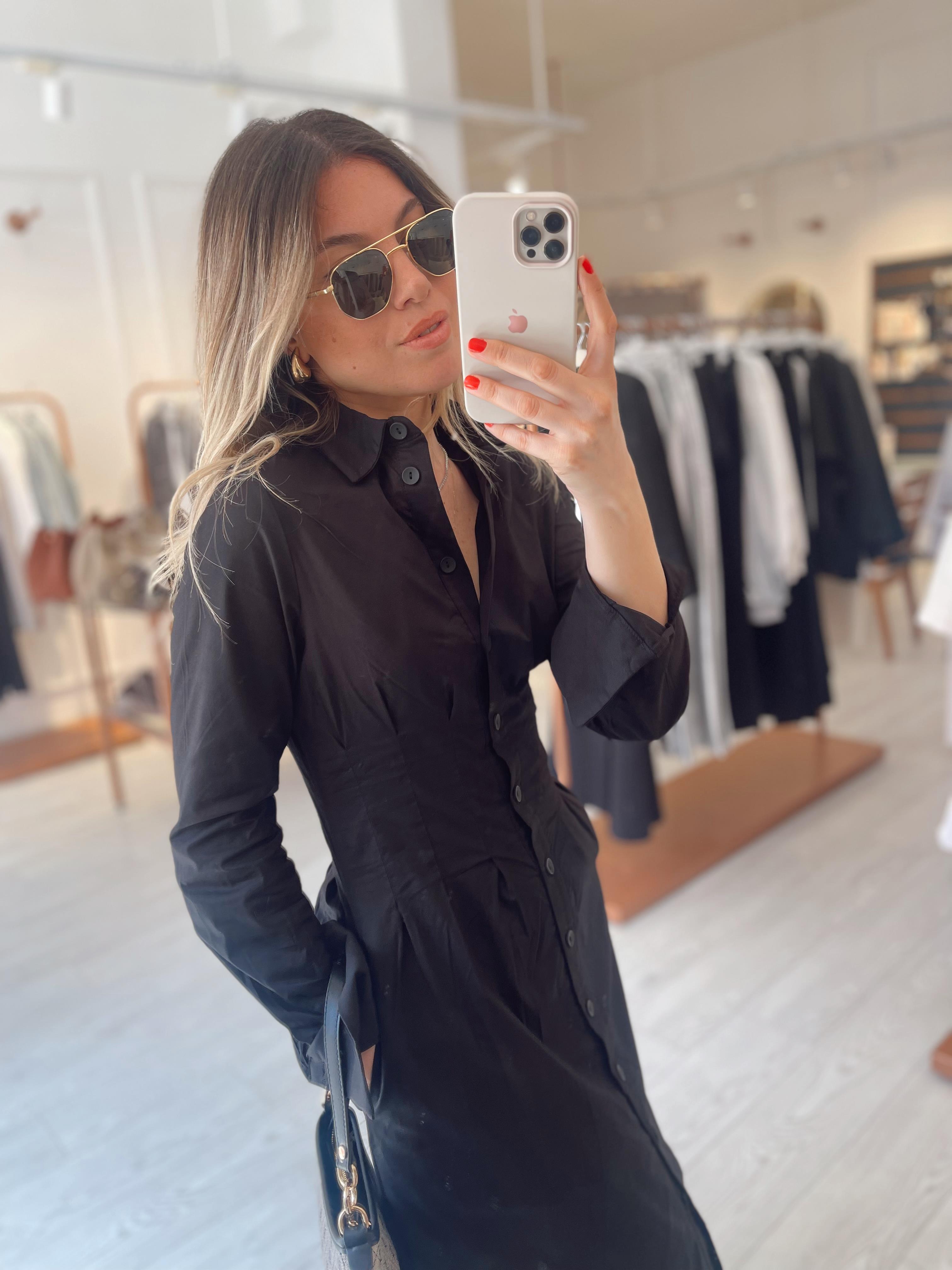 Siyah Pileli Cepli Poplin Elbise · 5