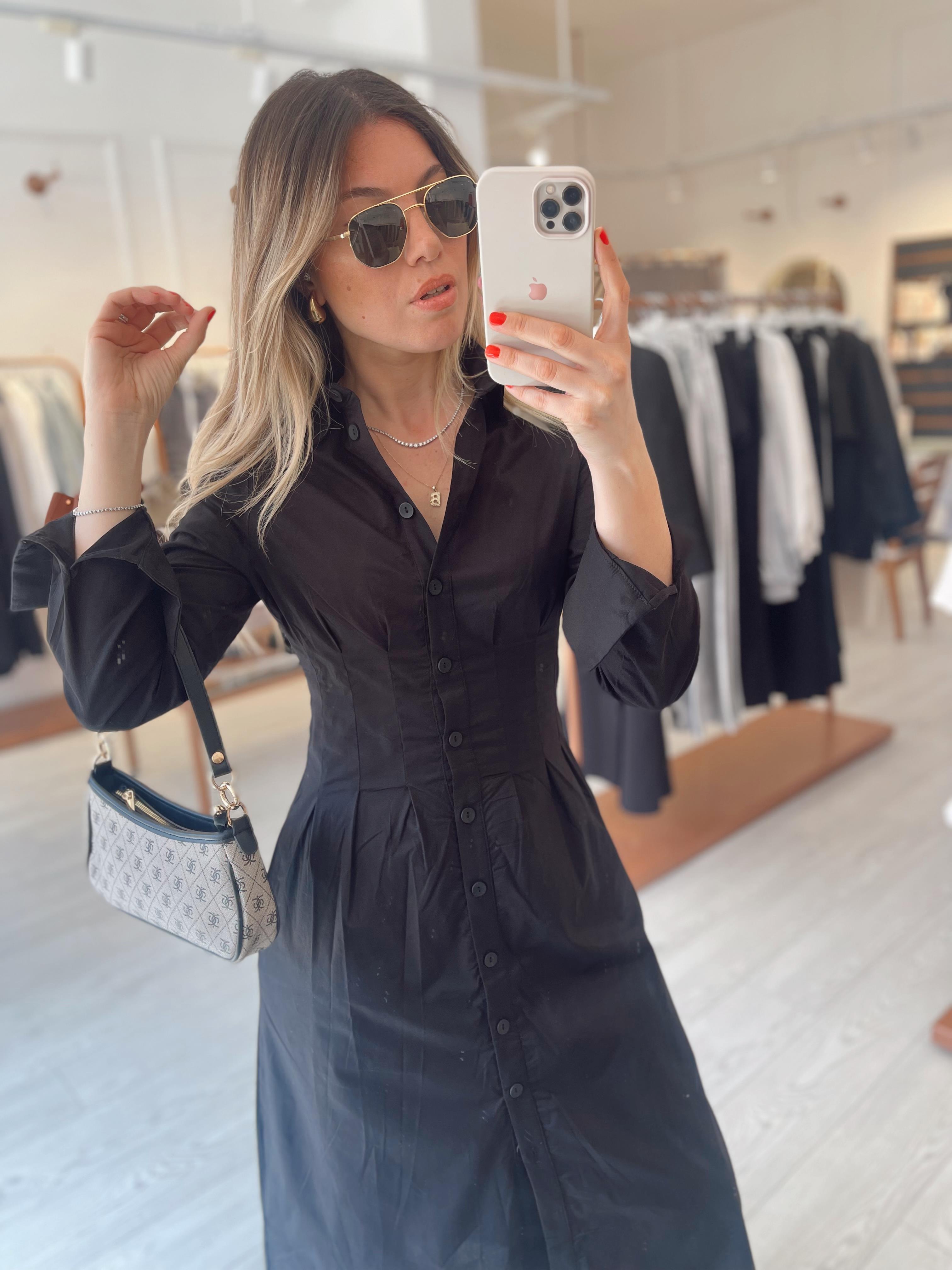 Siyah Pileli Cepli Poplin Elbise · 7