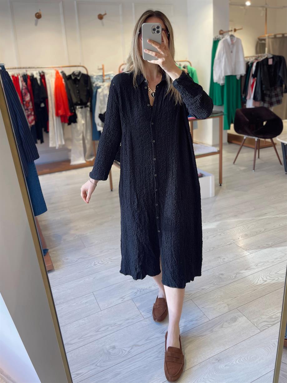 Siyah Polo Yaka Gofre Elbise