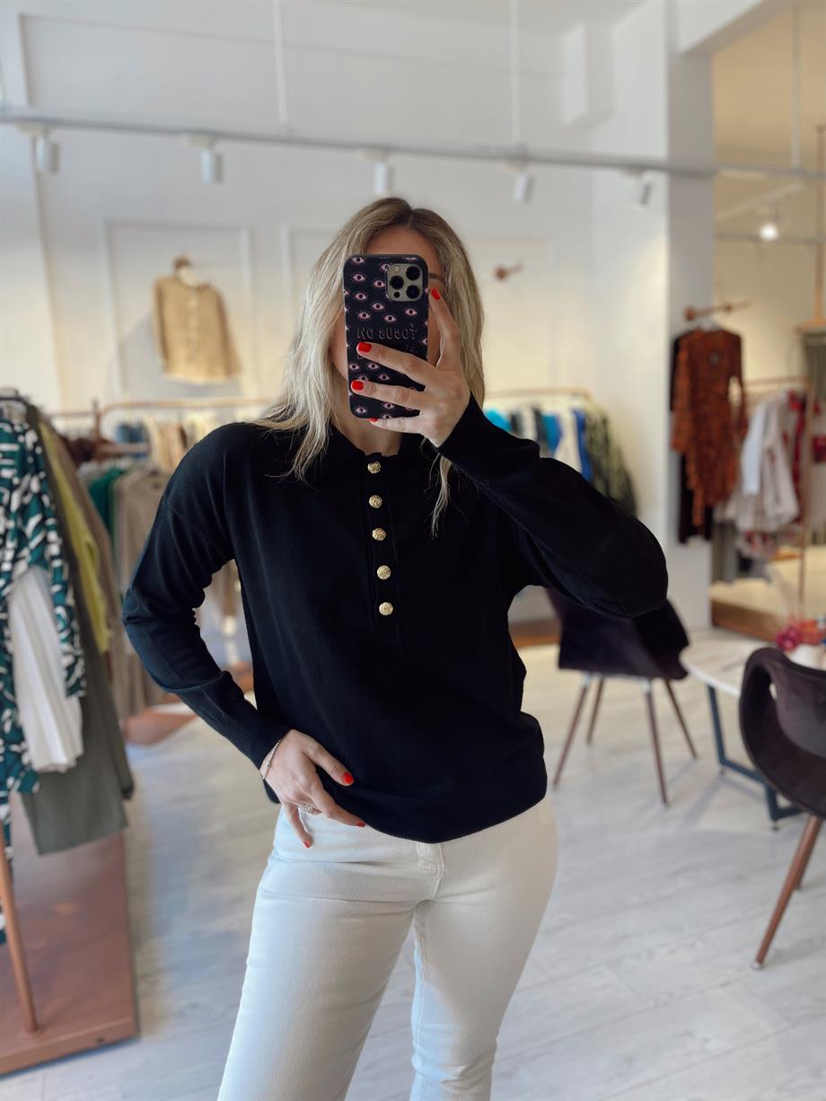 Siyah Polo Yaka Gold Düğmeli Triko 