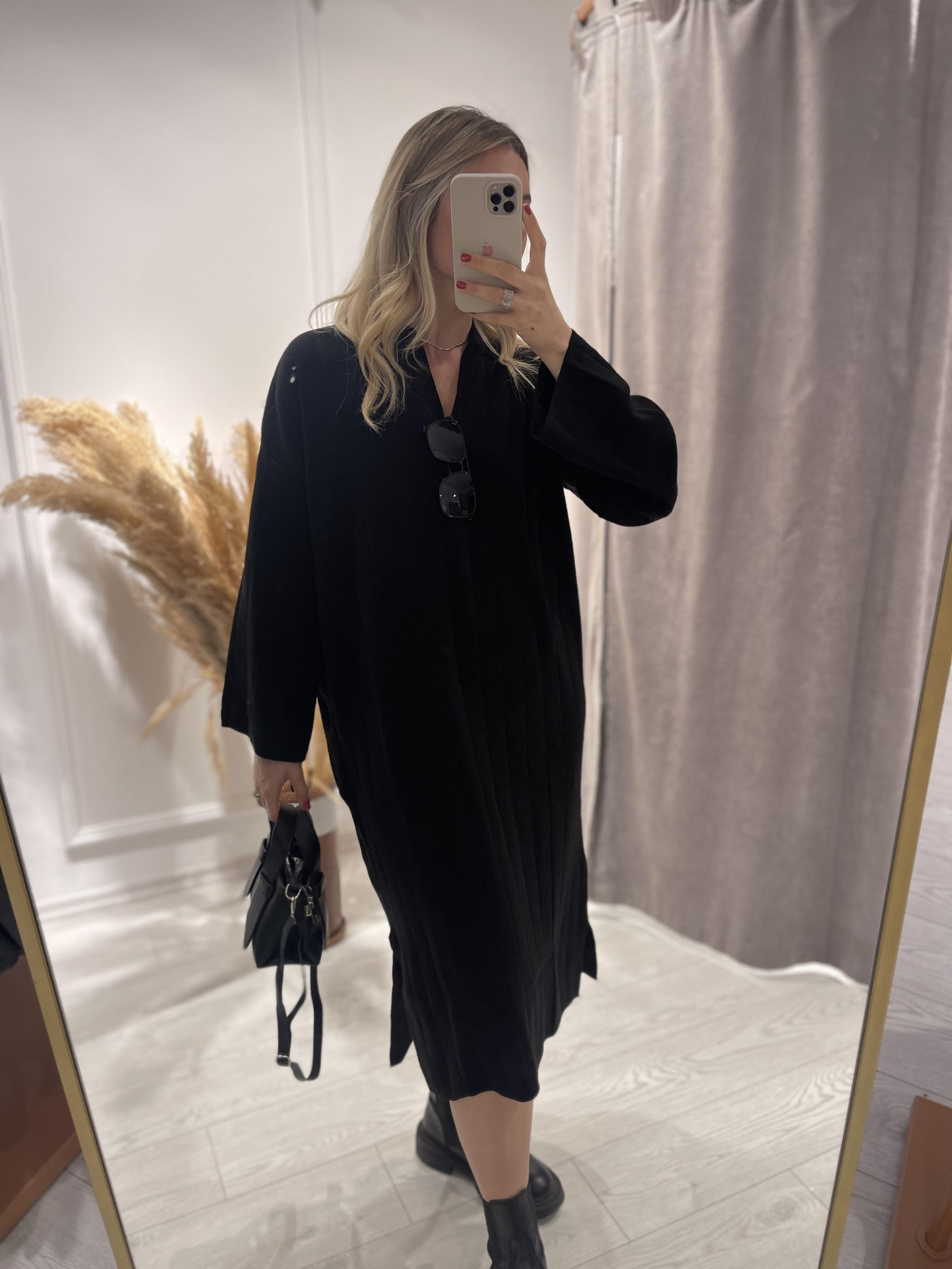 Siyah Polo Yaka Midi Triko Elbise