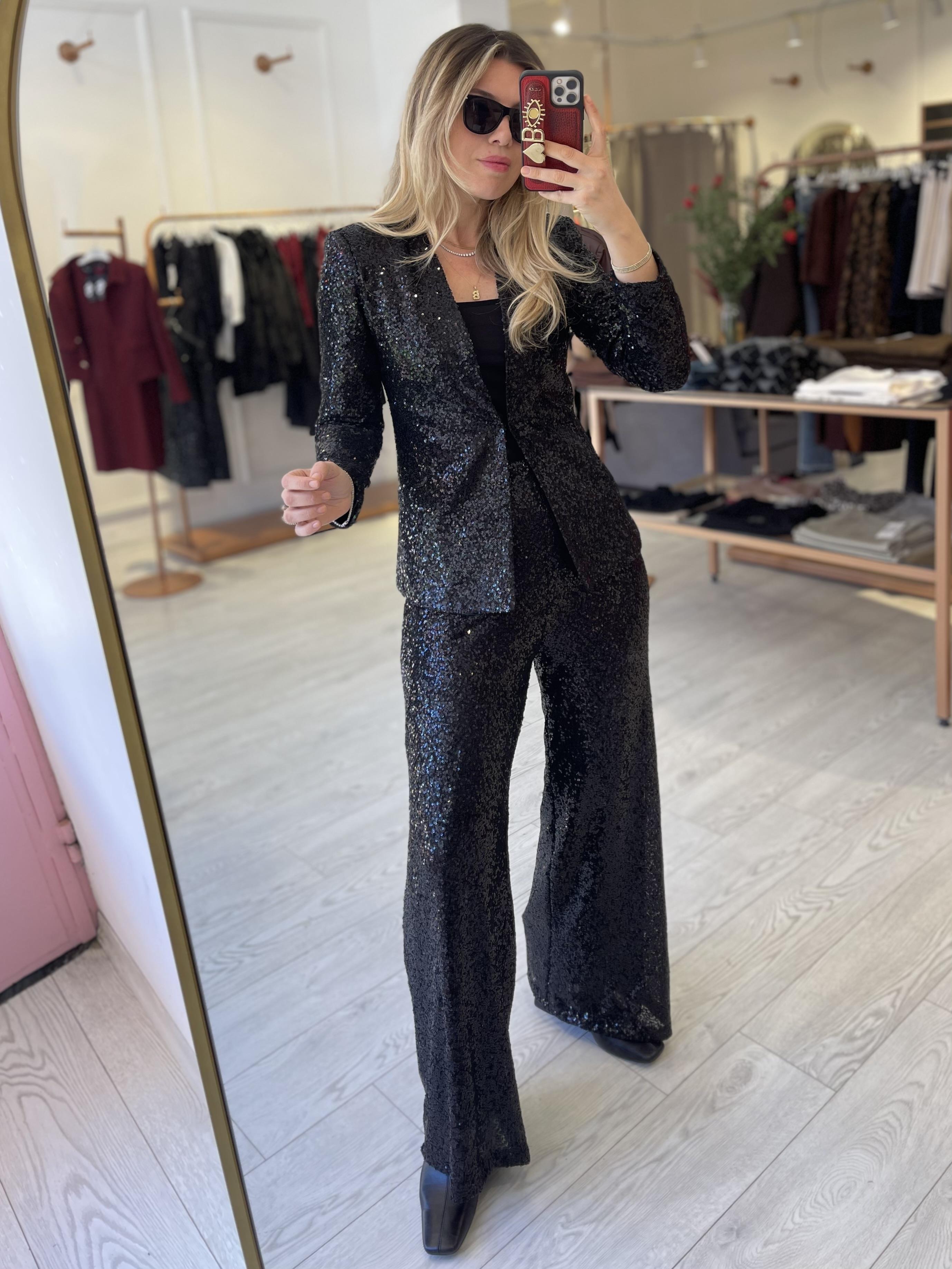 Siyah Pul Payet İşlemeli Bel Lastikli  Bol Paça Pantolon