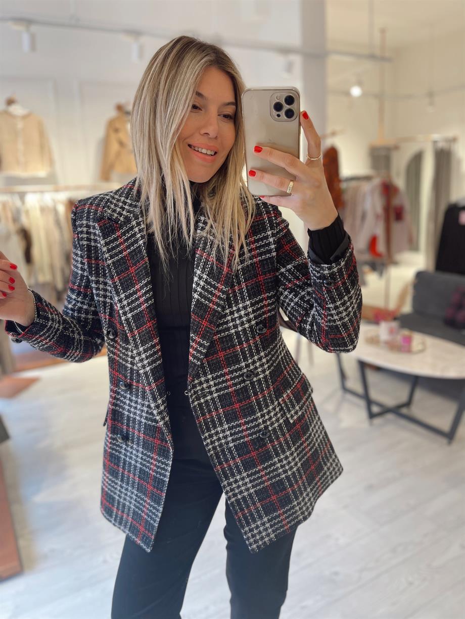 Siyah Şanel Ekose Kruvaze Blazer
