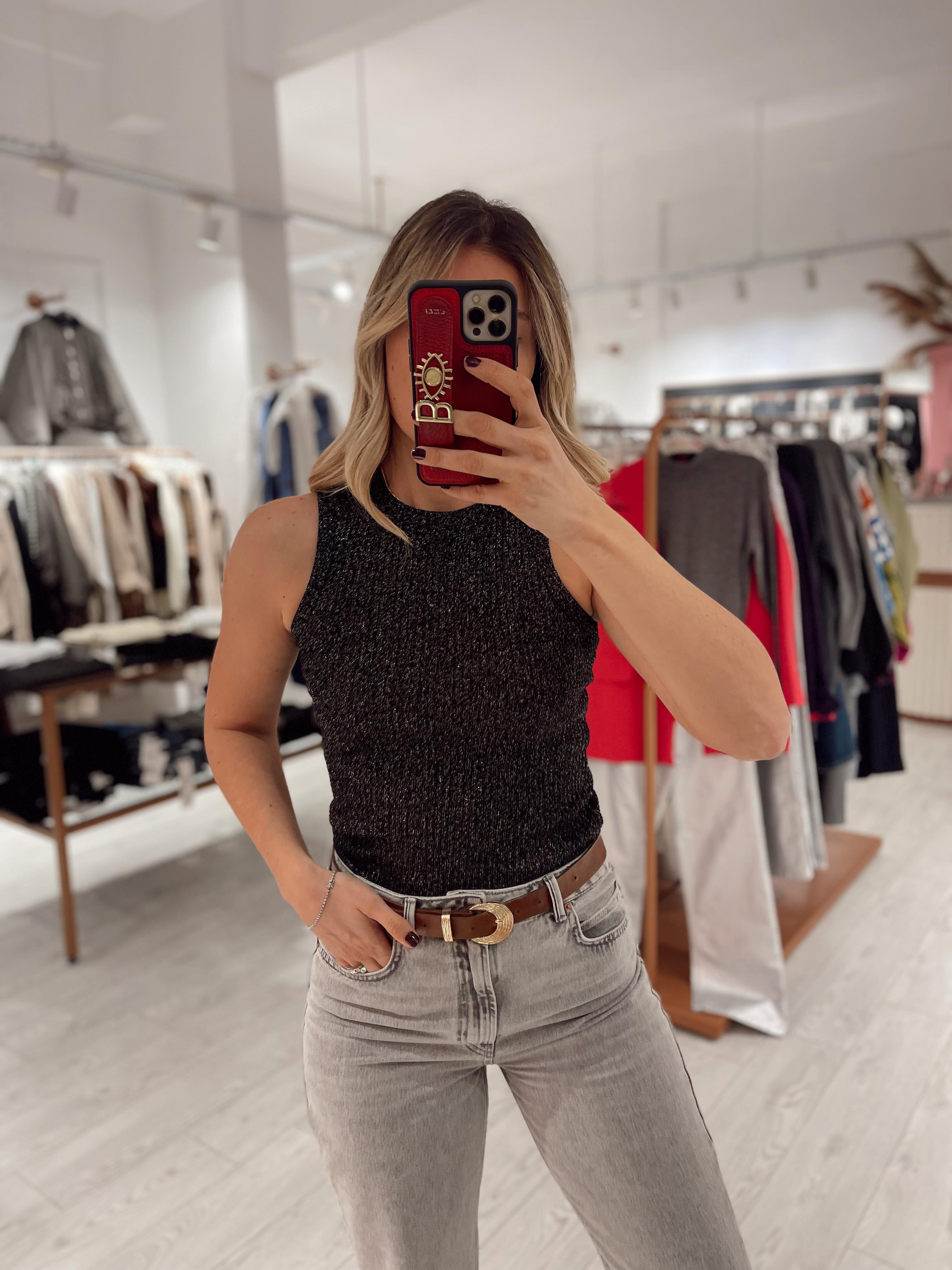 Siyah Simli Halter Yaka Fitilli Atlet · 2