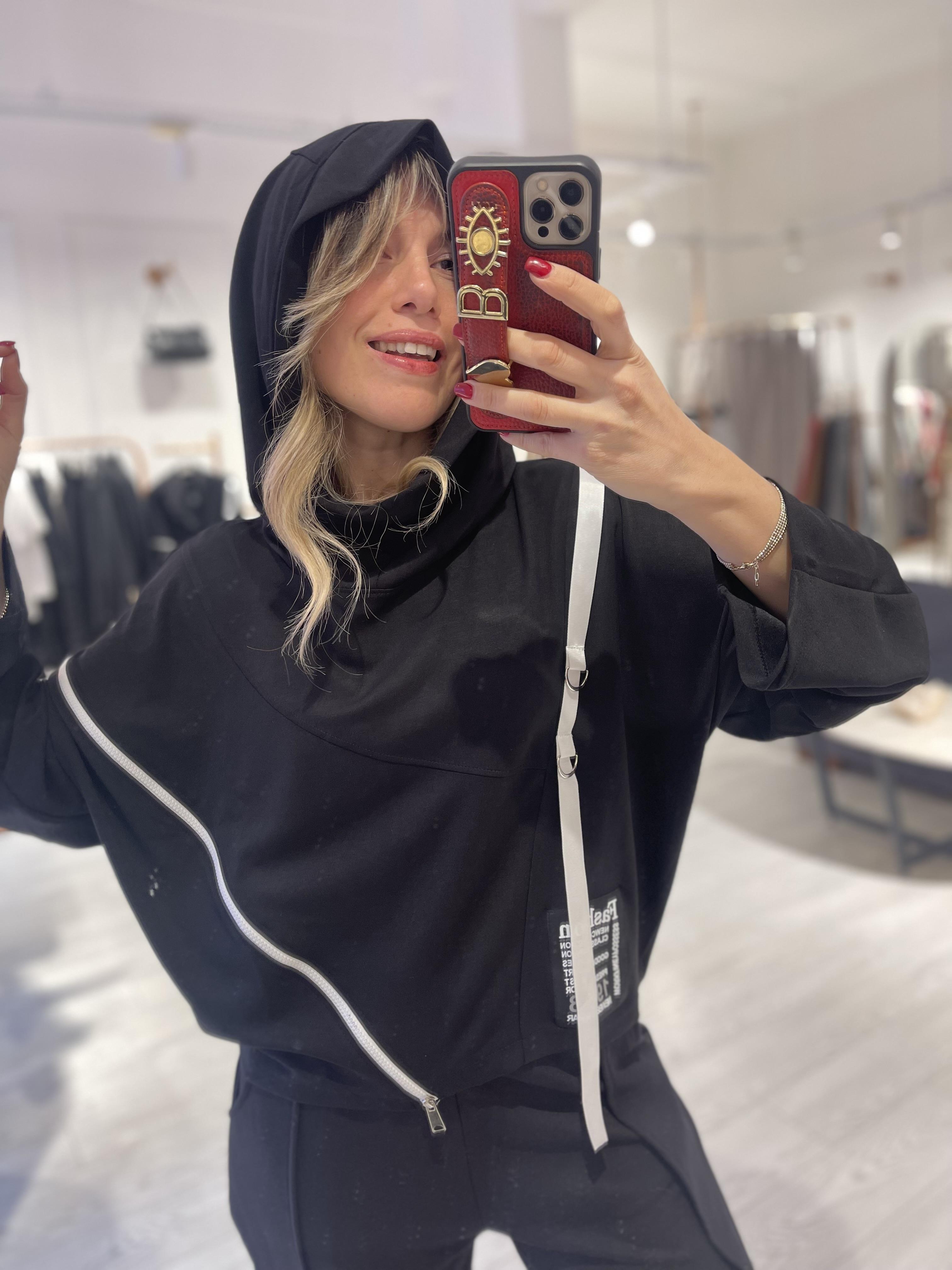 Siyah Tasarım Kapüşonlu Sweat