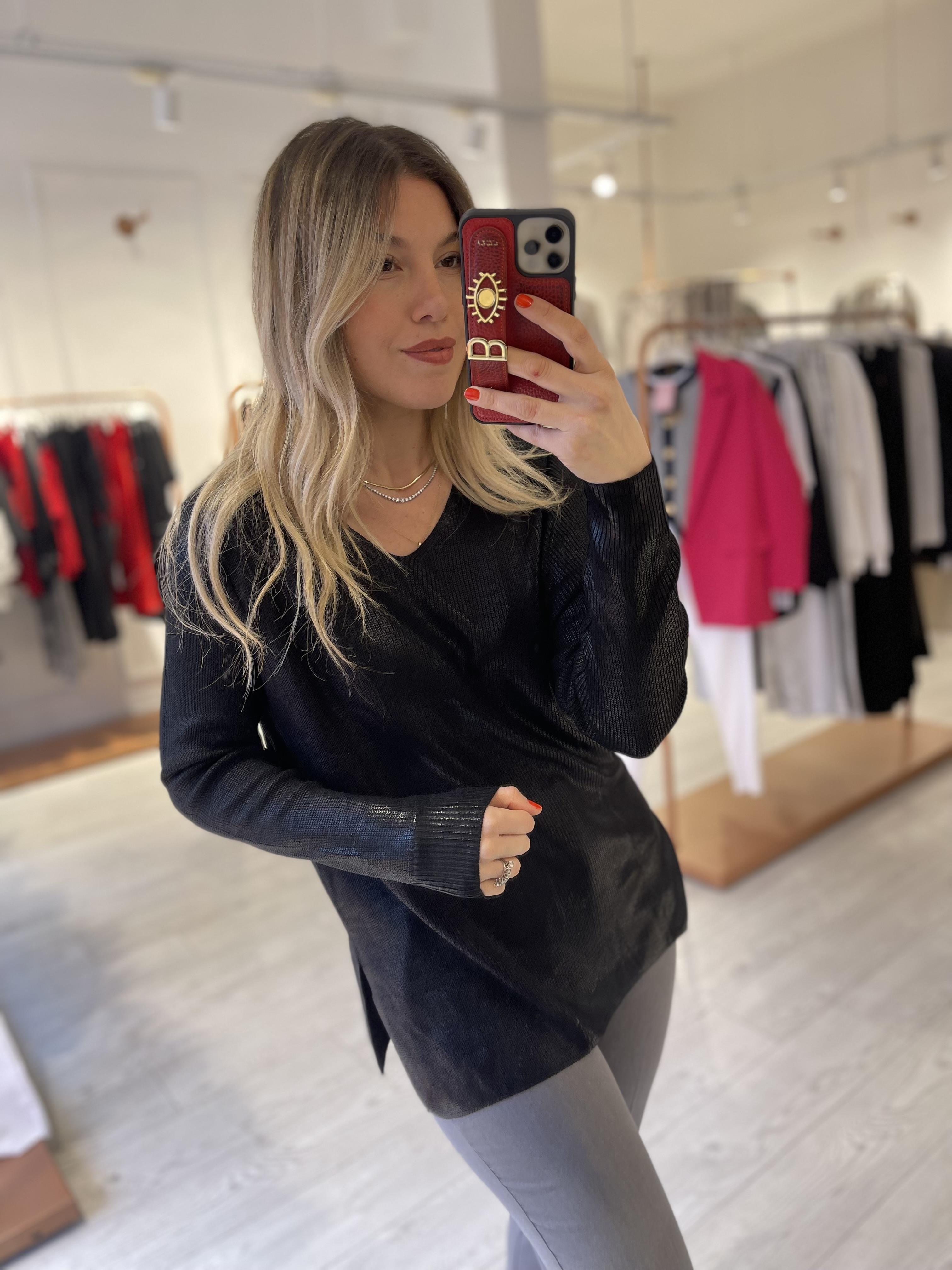 Siyah V Yaka Salaş Parlak Triko 