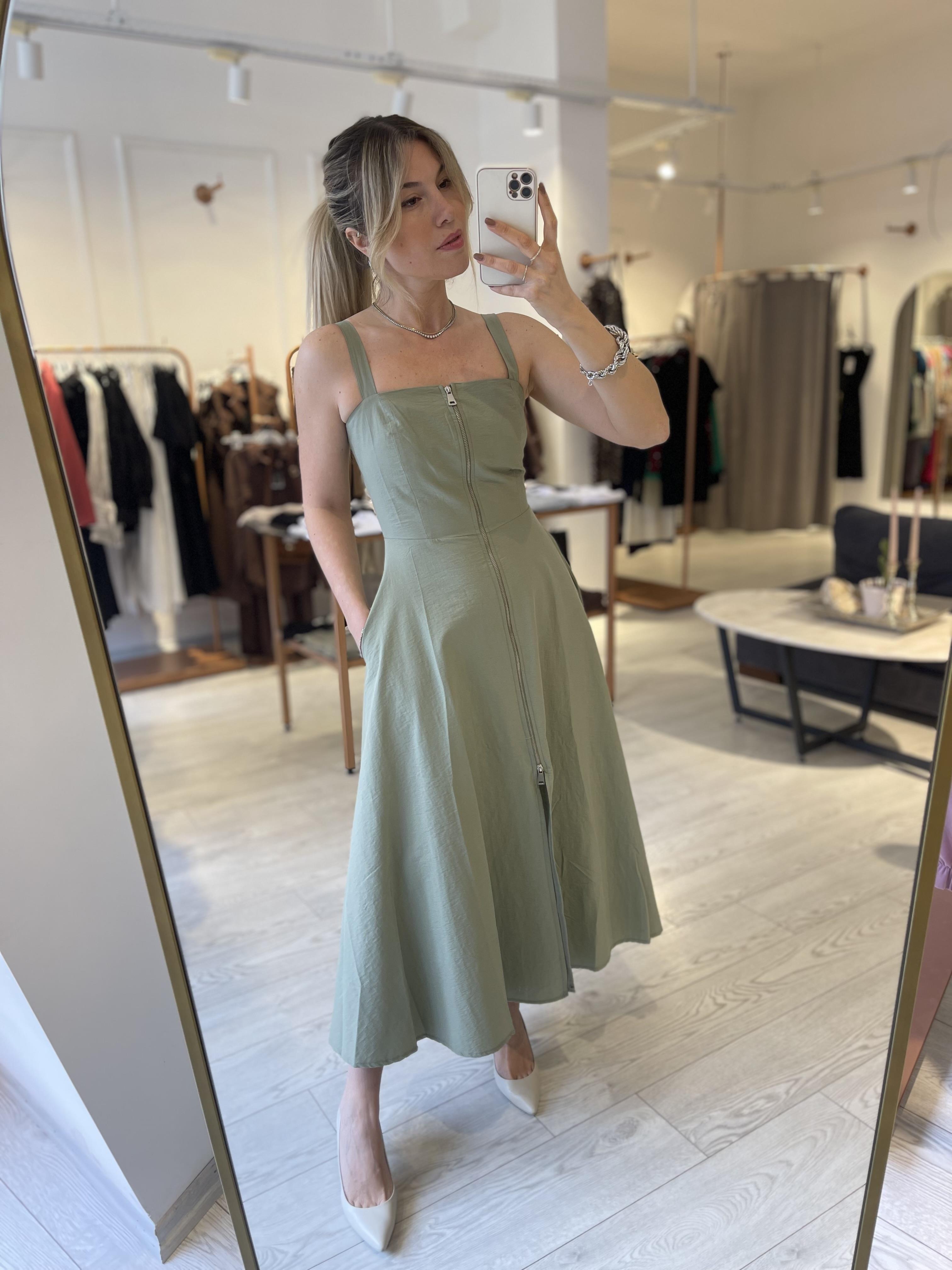 Su Yeşili Askılı Fermuarlı Cepli Çan Elbise